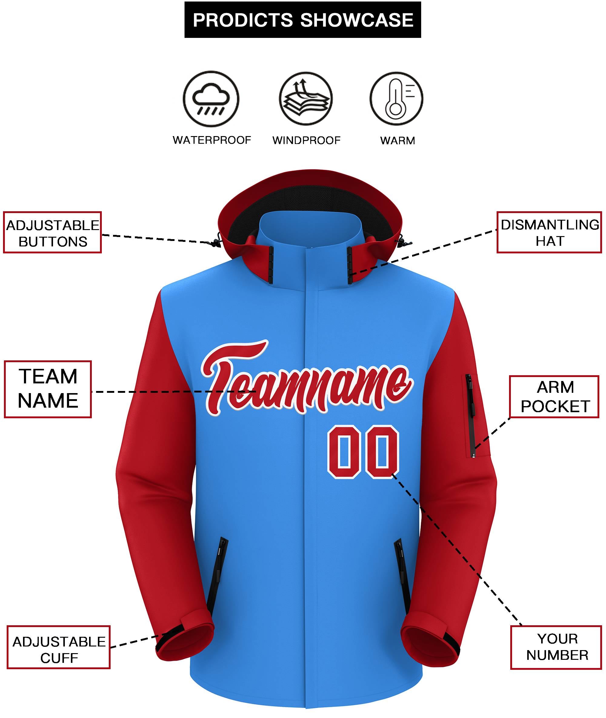 Custom Powder Blue Red-White Raglan Sleeves Waterproof Jacket