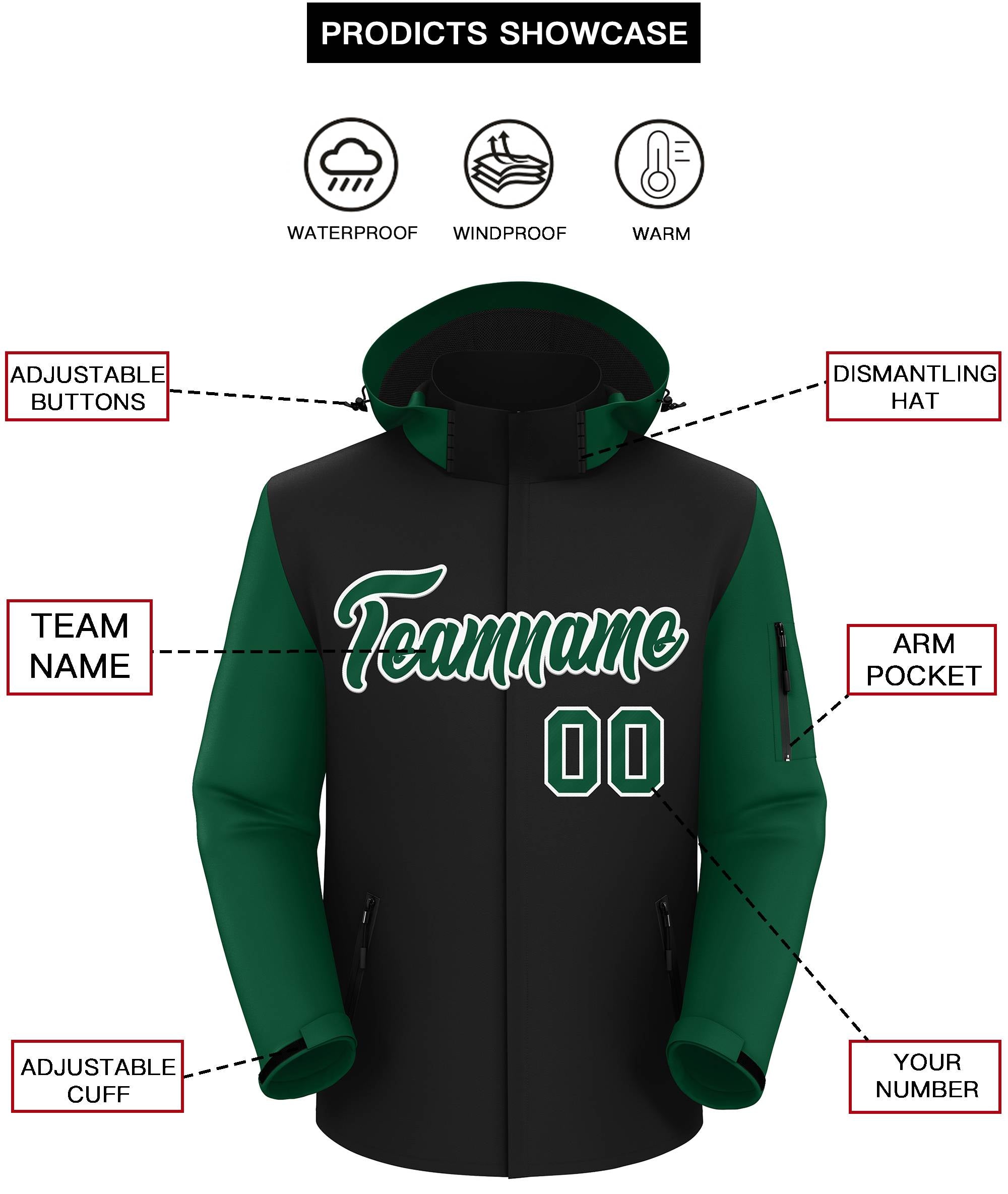 Custom Black Green-White Raglan Sleeves Waterproof Jacket