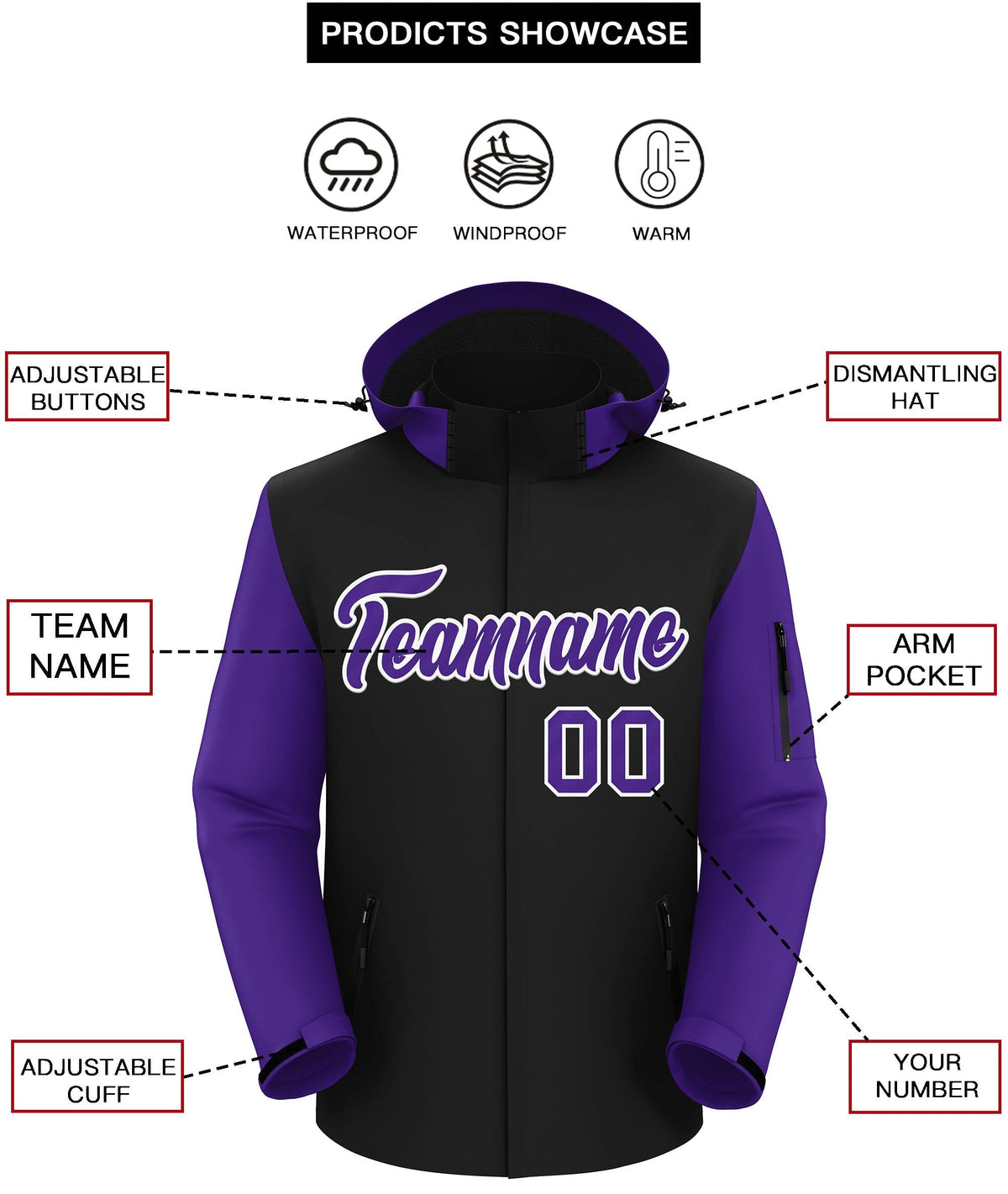 Custom Black Purple-White Raglan Sleeves Waterproof Jacket