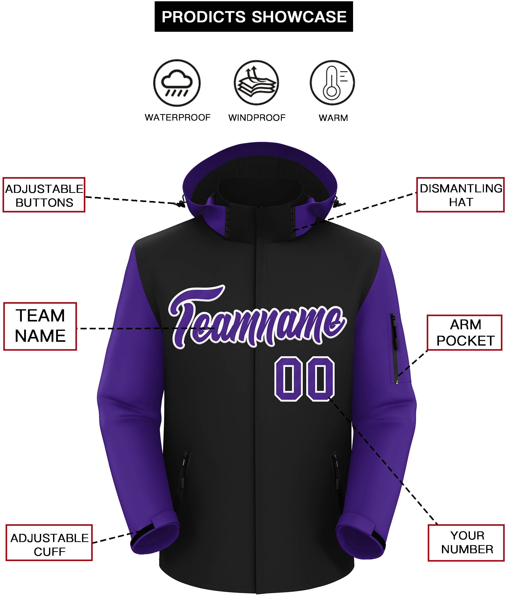 Custom Black Purple-White Raglan Sleeves Waterproof Jacket