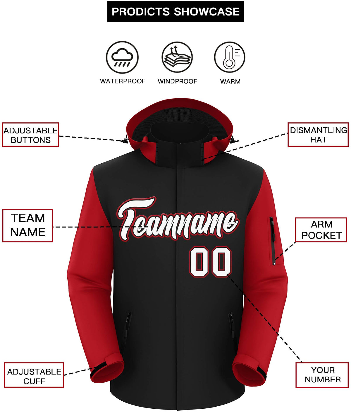 Custom Black Red-White Raglan Sleeves Waterproof Jacket