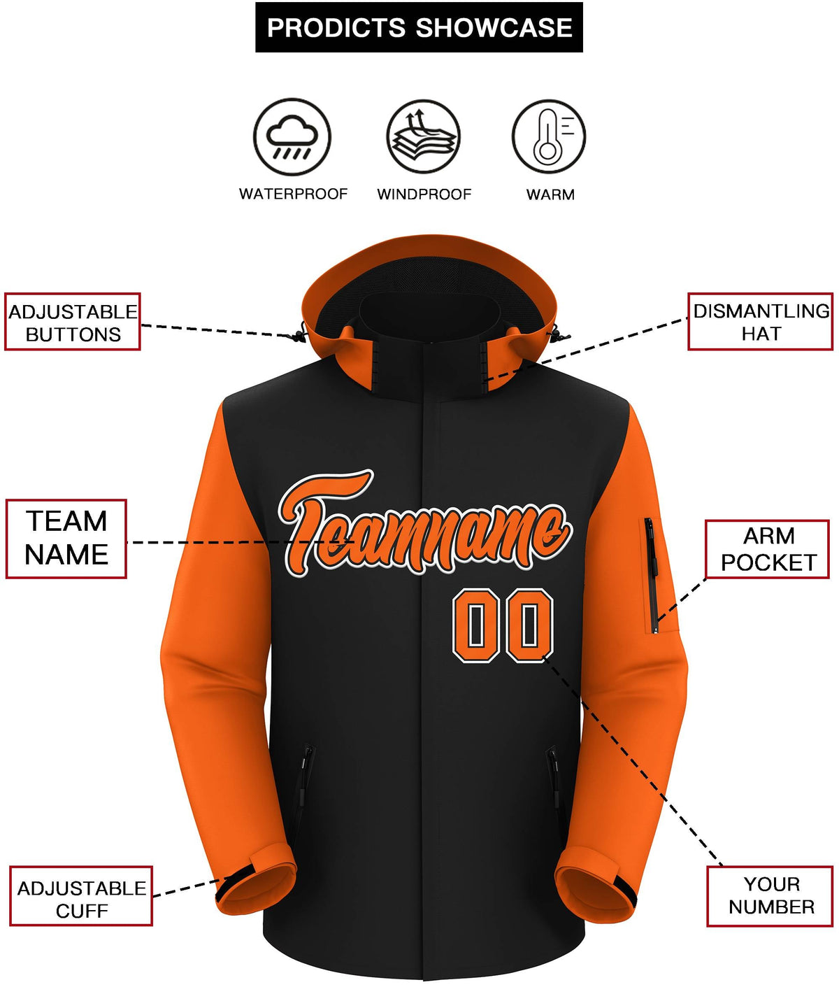 Custom Black Orange-White Raglan Sleeves Waterproof Jacket