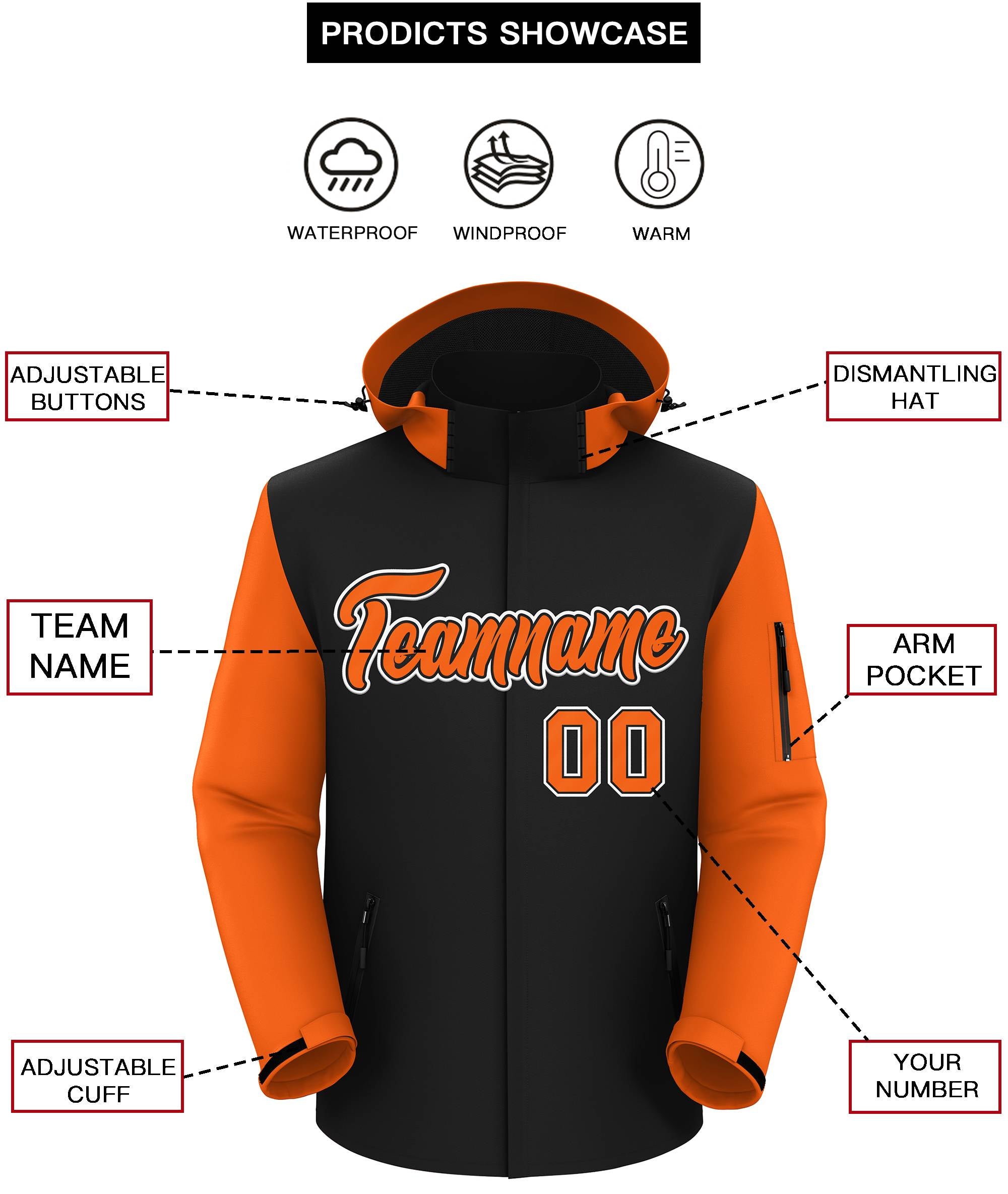 Custom Black Orange-White Raglan Sleeves Waterproof Jacket