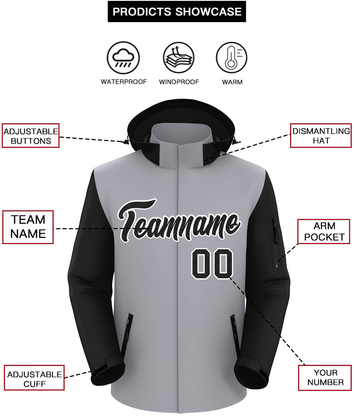 Custom Gray Black-White Raglan Sleeves Waterproof Jacket