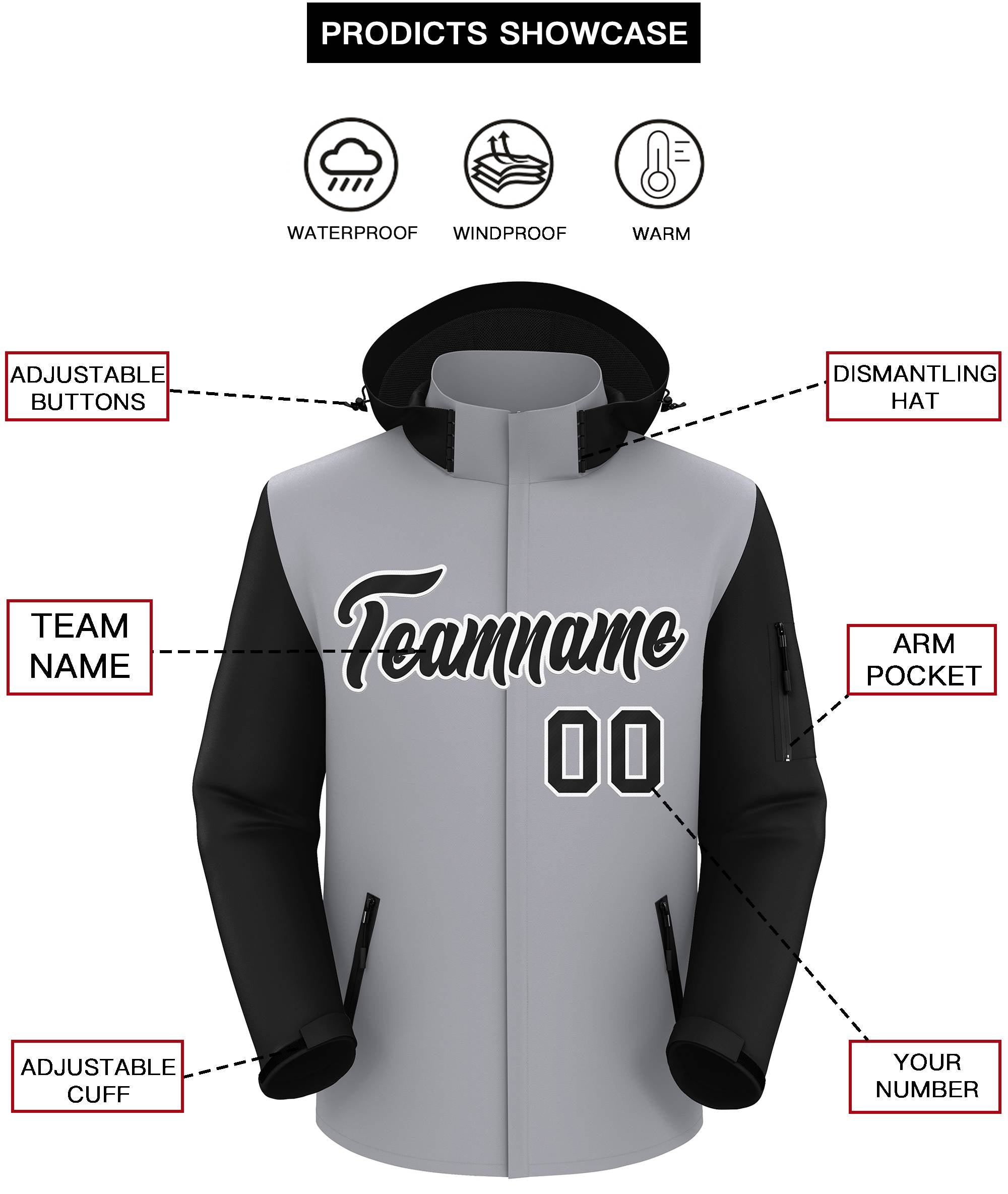 Custom Gray Black-White Raglan Sleeves Waterproof Jacket