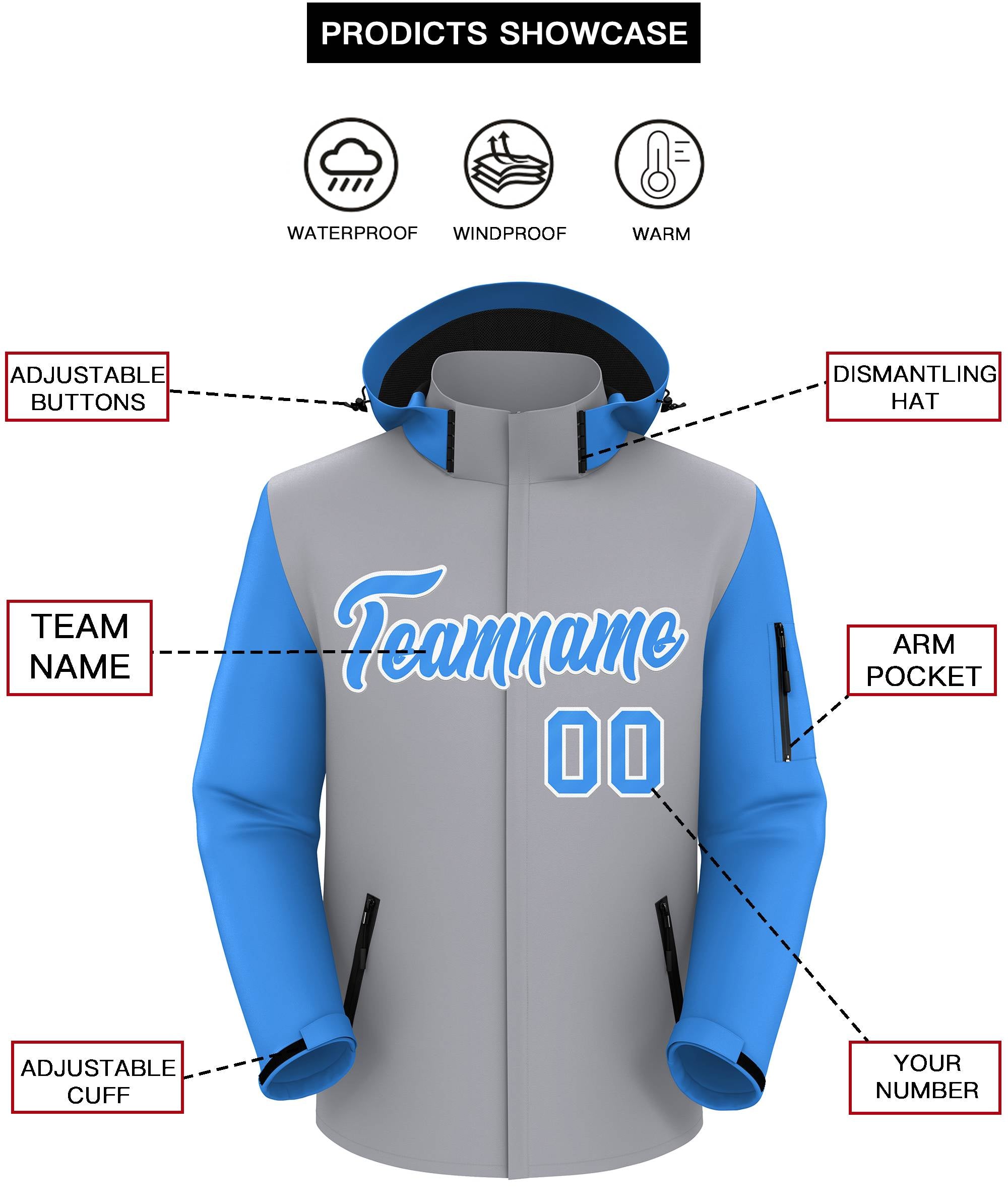Custom Gray Powder Blue-White Raglan Sleeves Waterproof Jacket