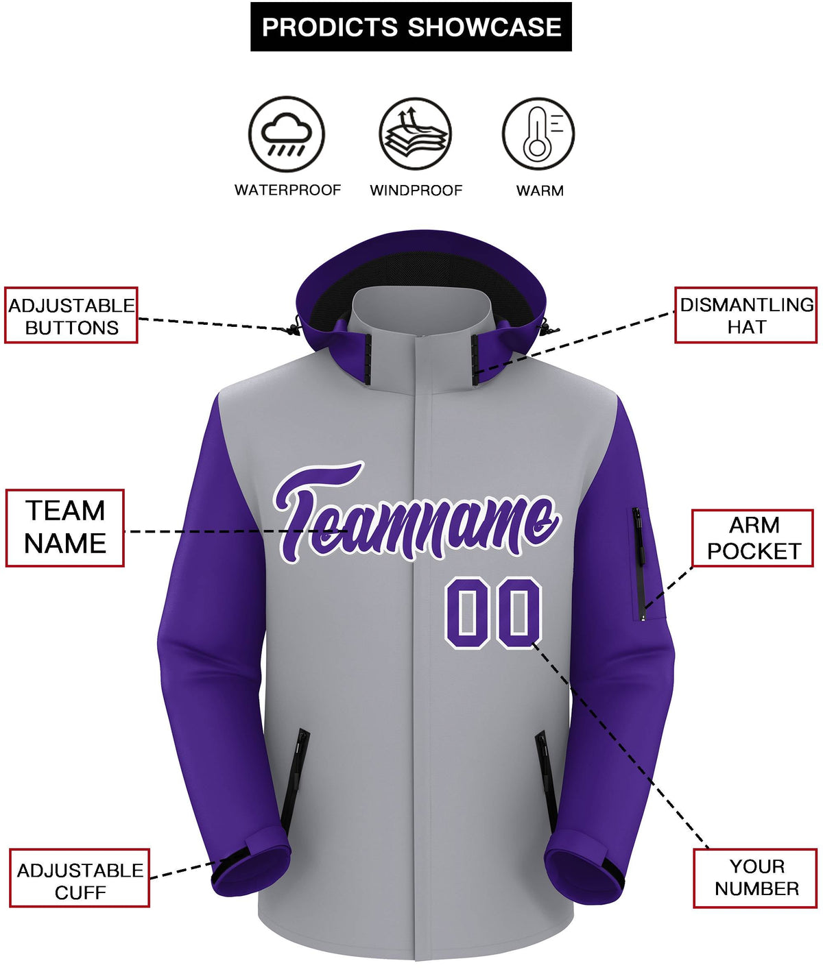 Custom Gray Purple-White Raglan Sleeves Waterproof Jacket