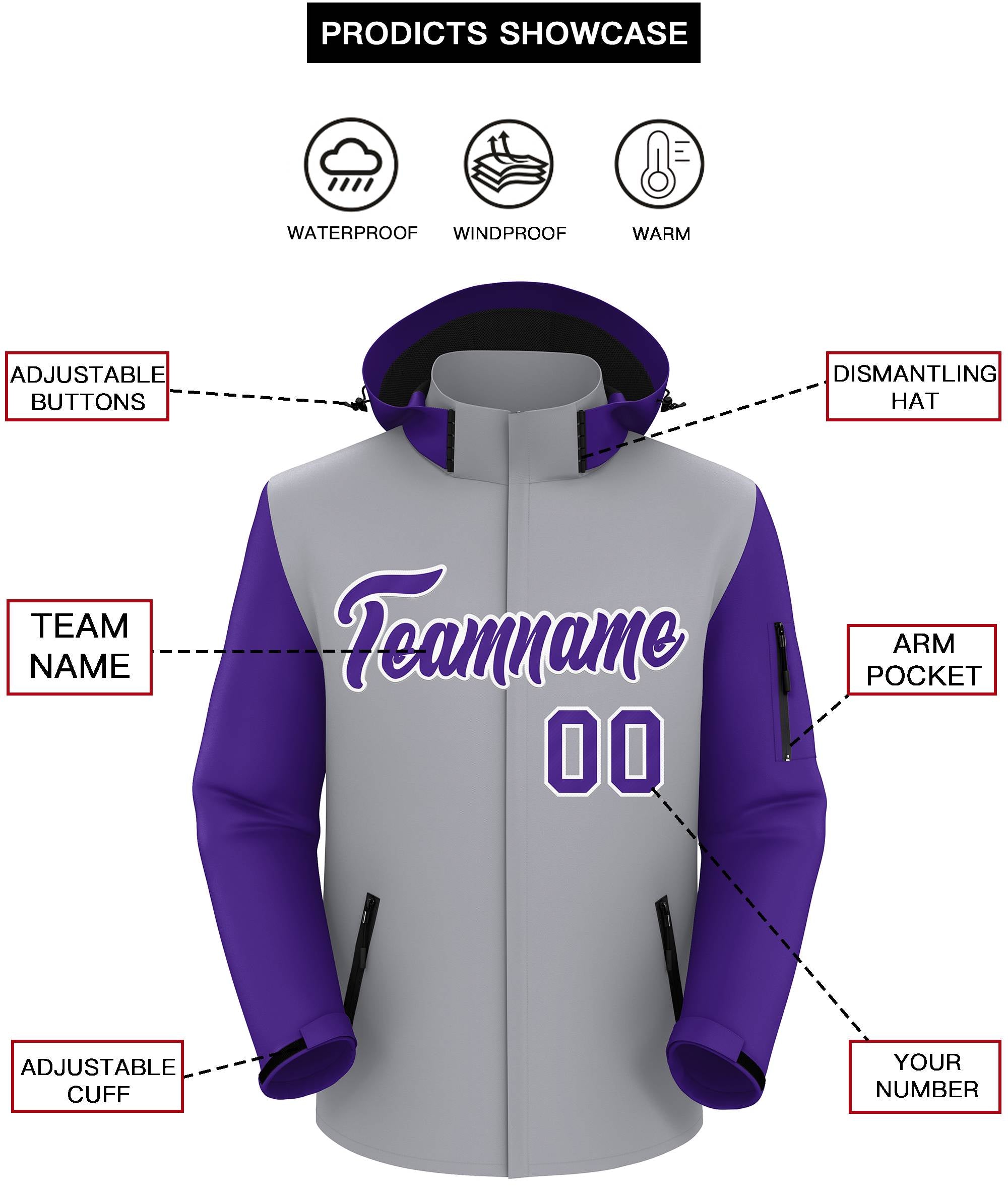 Custom Gray Purple-White Raglan Sleeves Waterproof Jacket