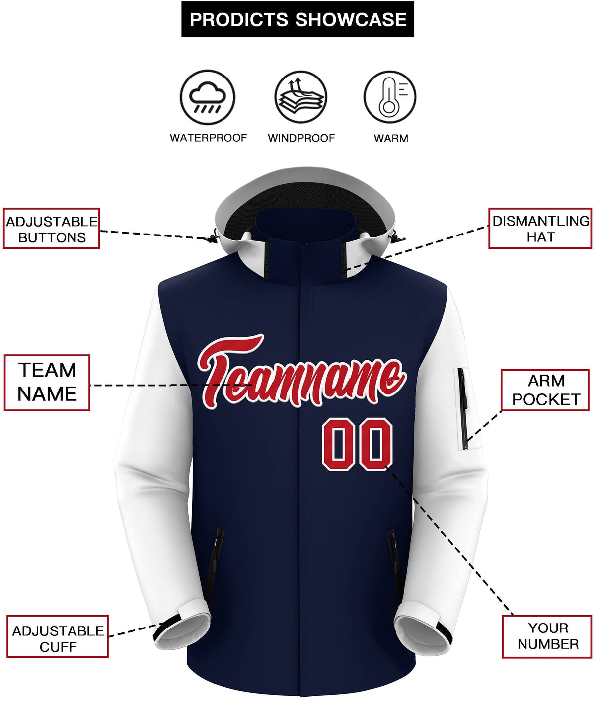 Custom Navy White-White Raglan Sleeves Waterproof Jacket