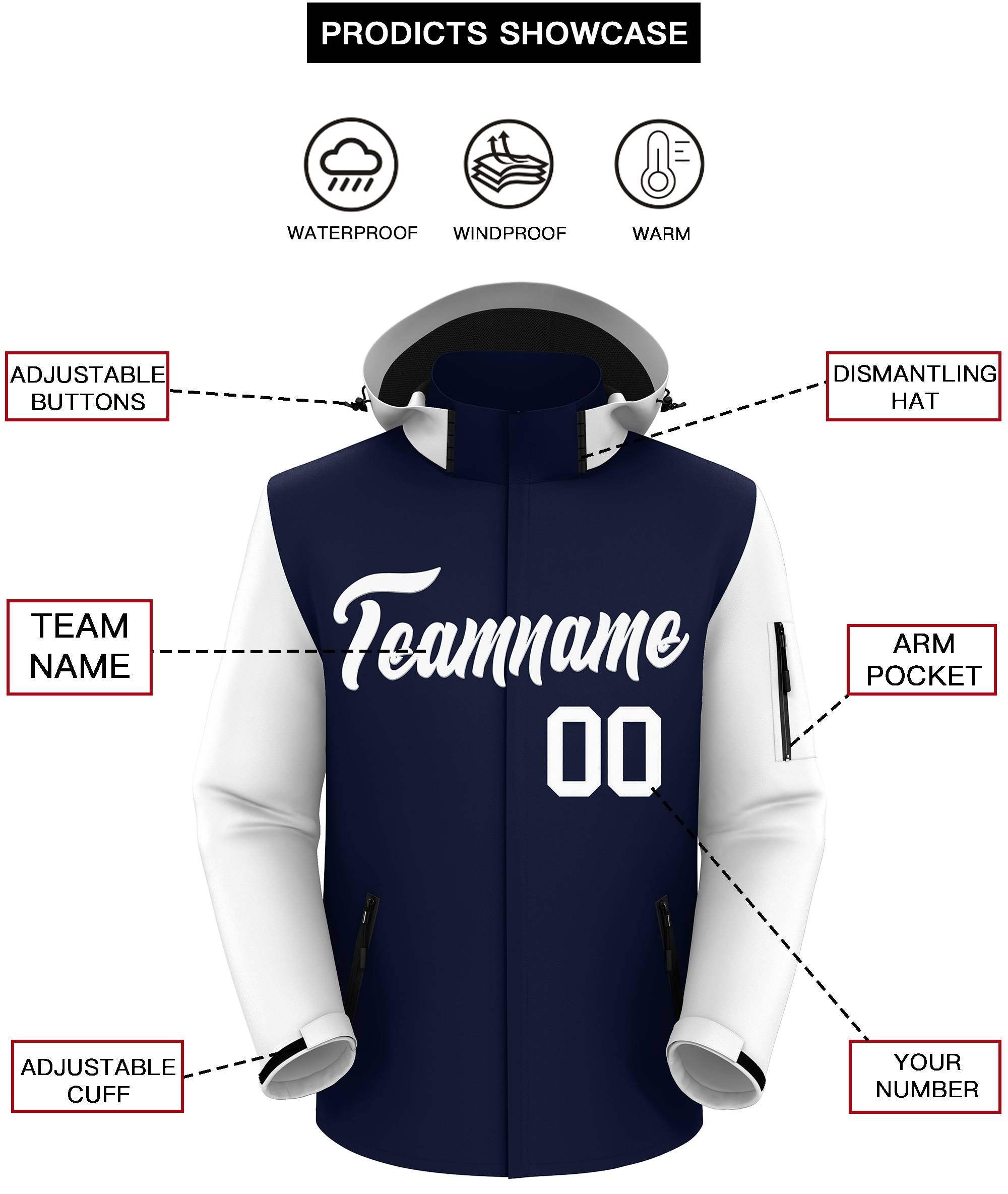 Custom Navy White Raglan Sleeves Waterproof Jacket
