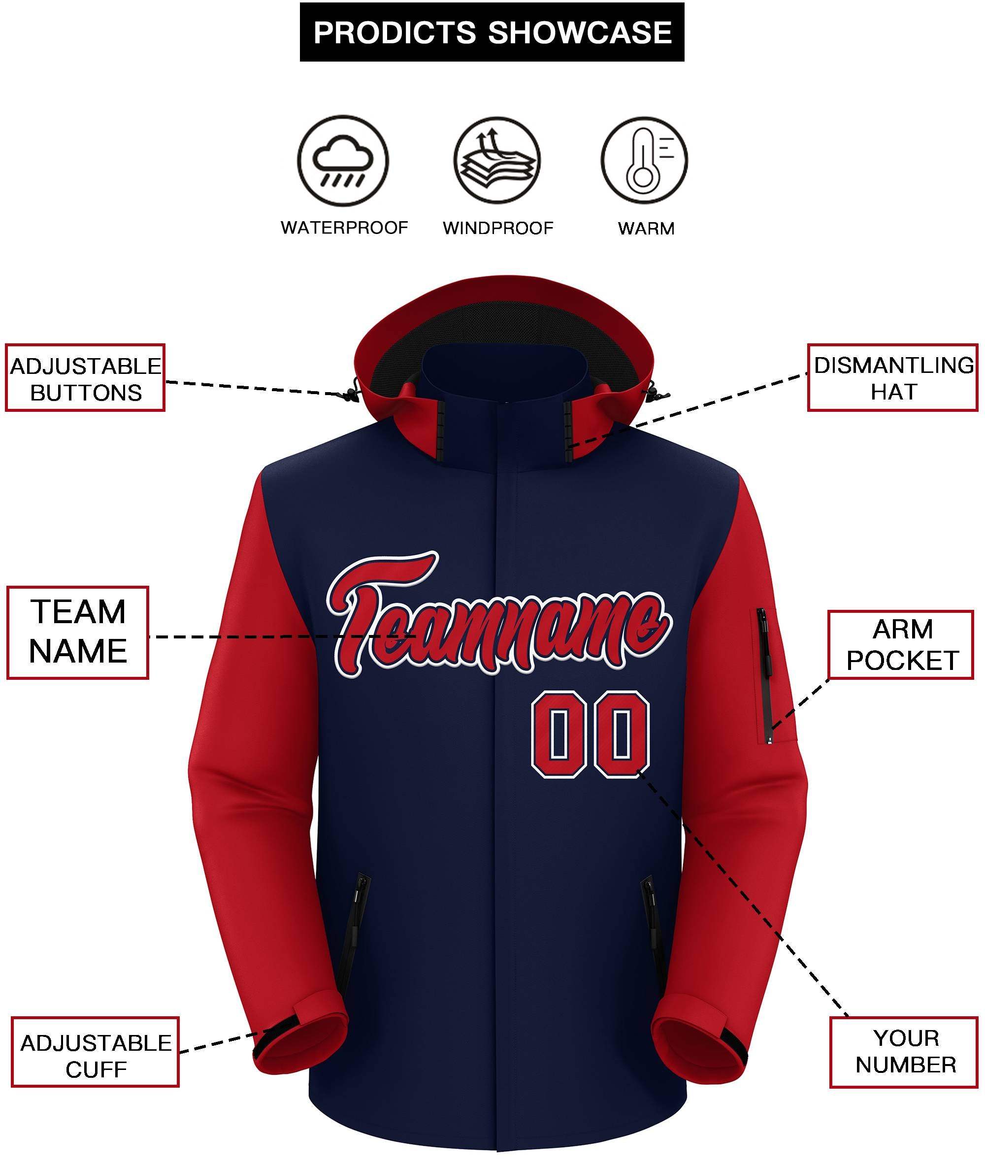 Custom Navy Red-White Raglan Sleeves Waterproof Jacket