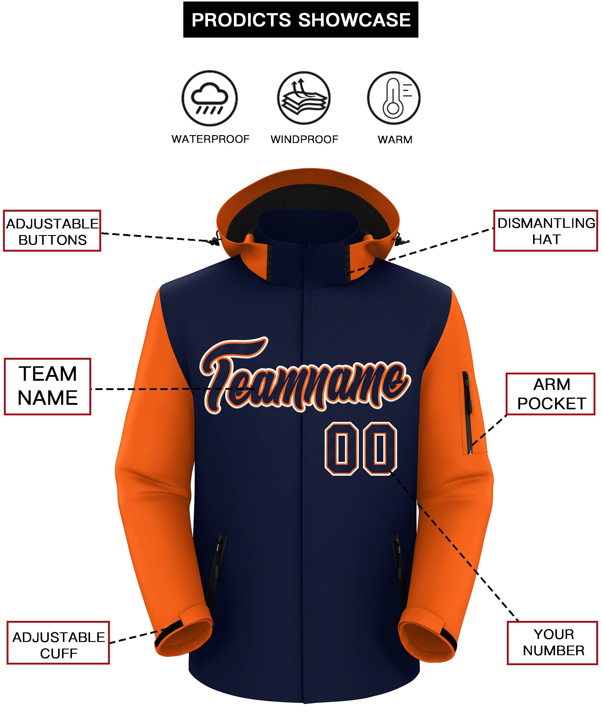Custom Navy Orange-White Raglan Sleeves Waterproof Jacket