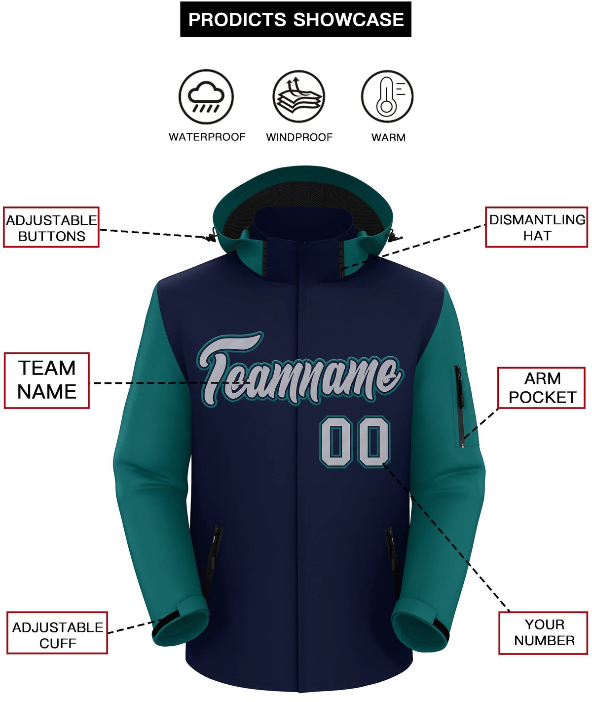 Custom Navy Teal-Gray Raglan Sleeves Waterproof Jacket