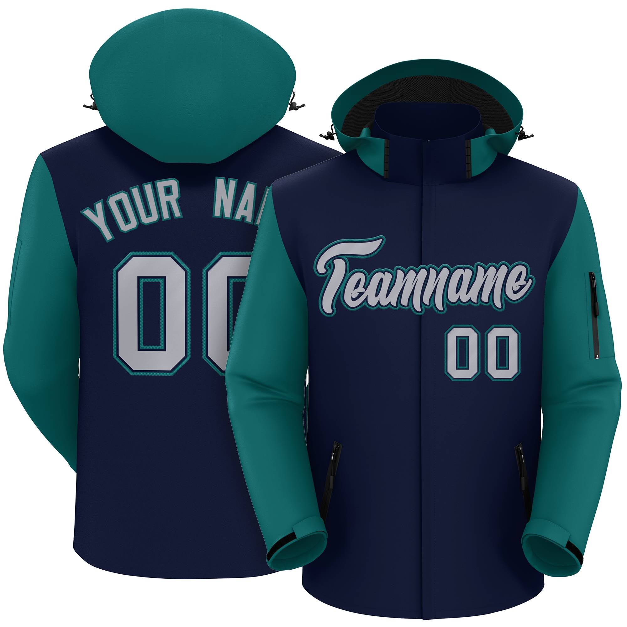 Custom Navy Teal-Gray Raglan Sleeves Waterproof Jacket