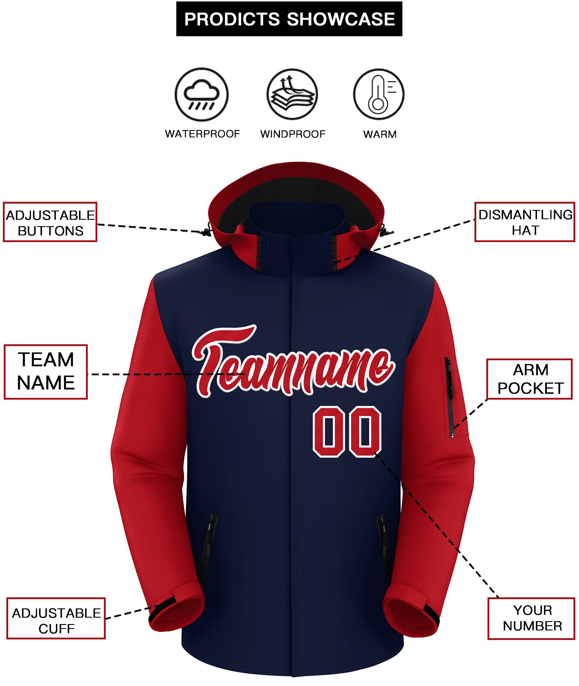 Custom Navy Red-White Raglan Sleeves Waterproof Jacket