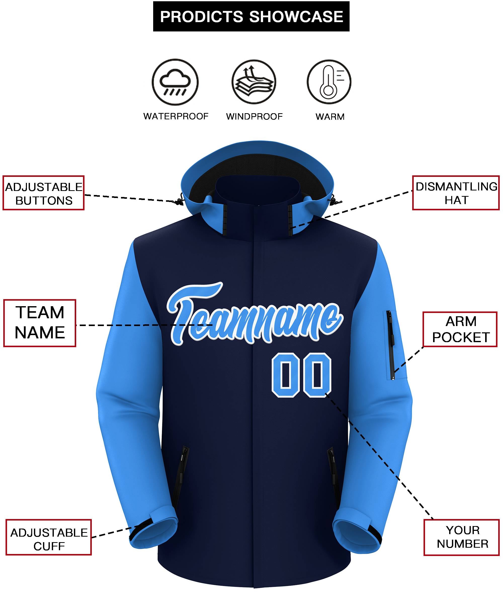 Custom Navy Powder Blue-White Raglan Sleeves Waterproof Jacket