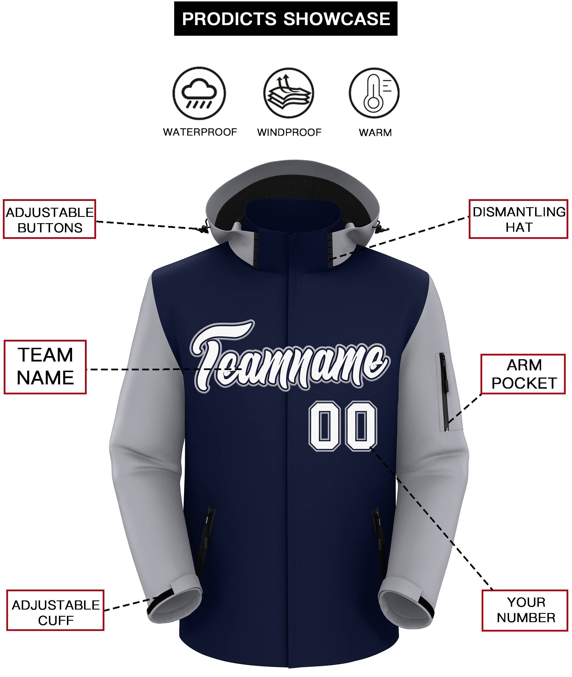 Custom Navy Gray-White Raglan Sleeves Waterproof Jacket