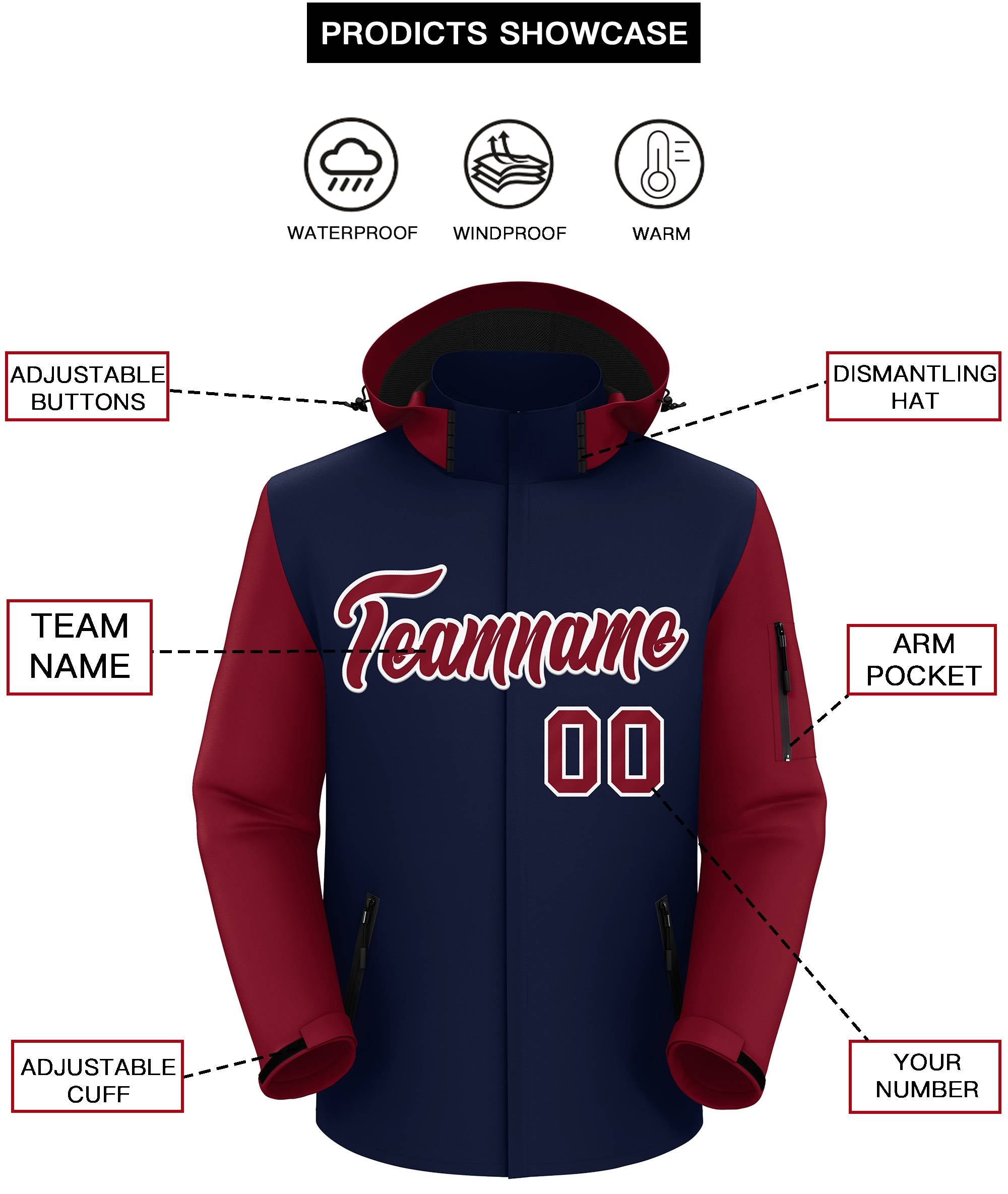 Custom Navy Crimson-White Raglan Sleeves Waterproof Jacket