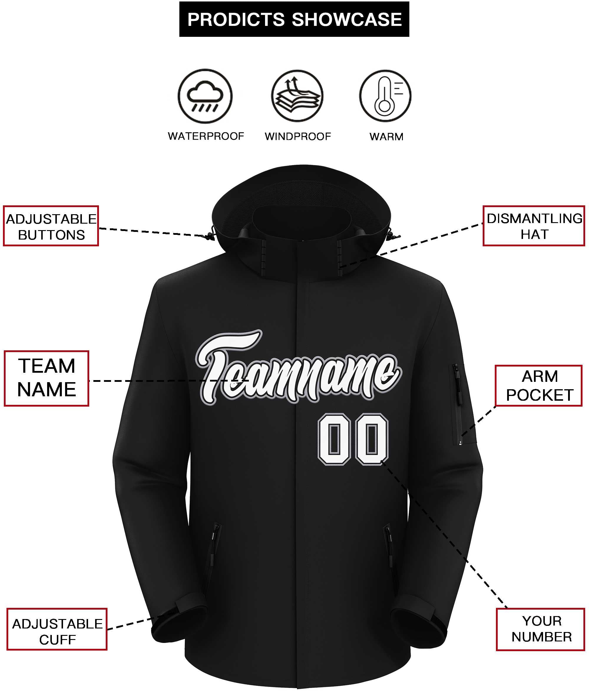 Custom Black White-Gray Classic Style Waterproof Jacket