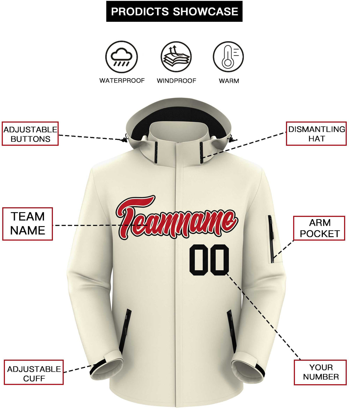 Custom Cream Red-Black Classic Style Waterproof Jacket