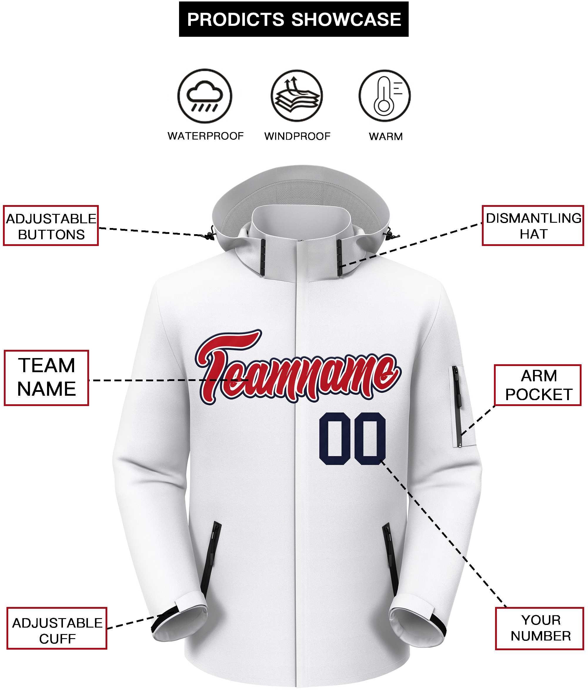 Custom White Red-Navy Classic Style Waterproof Jacket