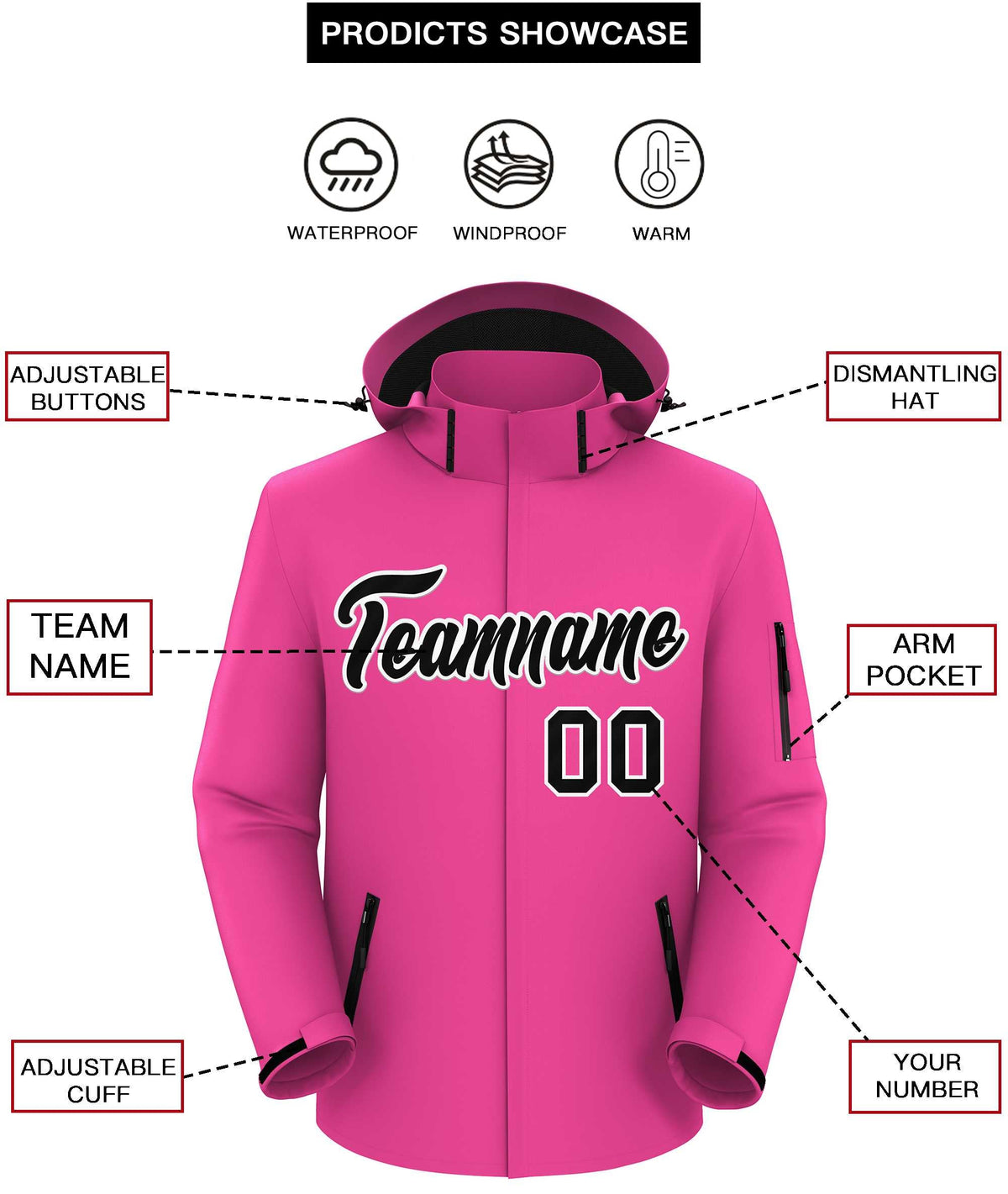 Custom Pink Black-White Classic Style Waterproof Jacket