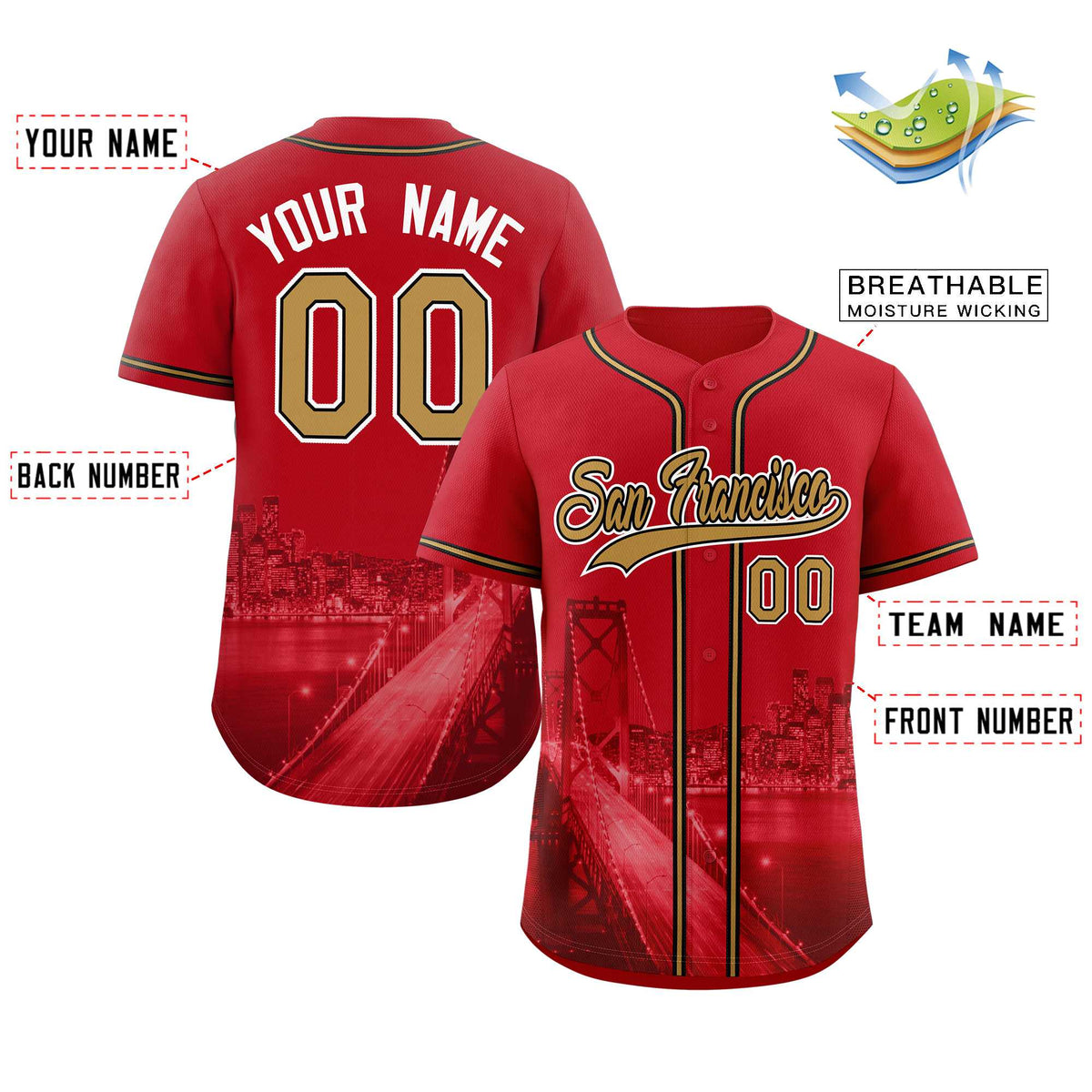 Custom Red Old Gold-Black San Francisco City Connect Baseball Jersey