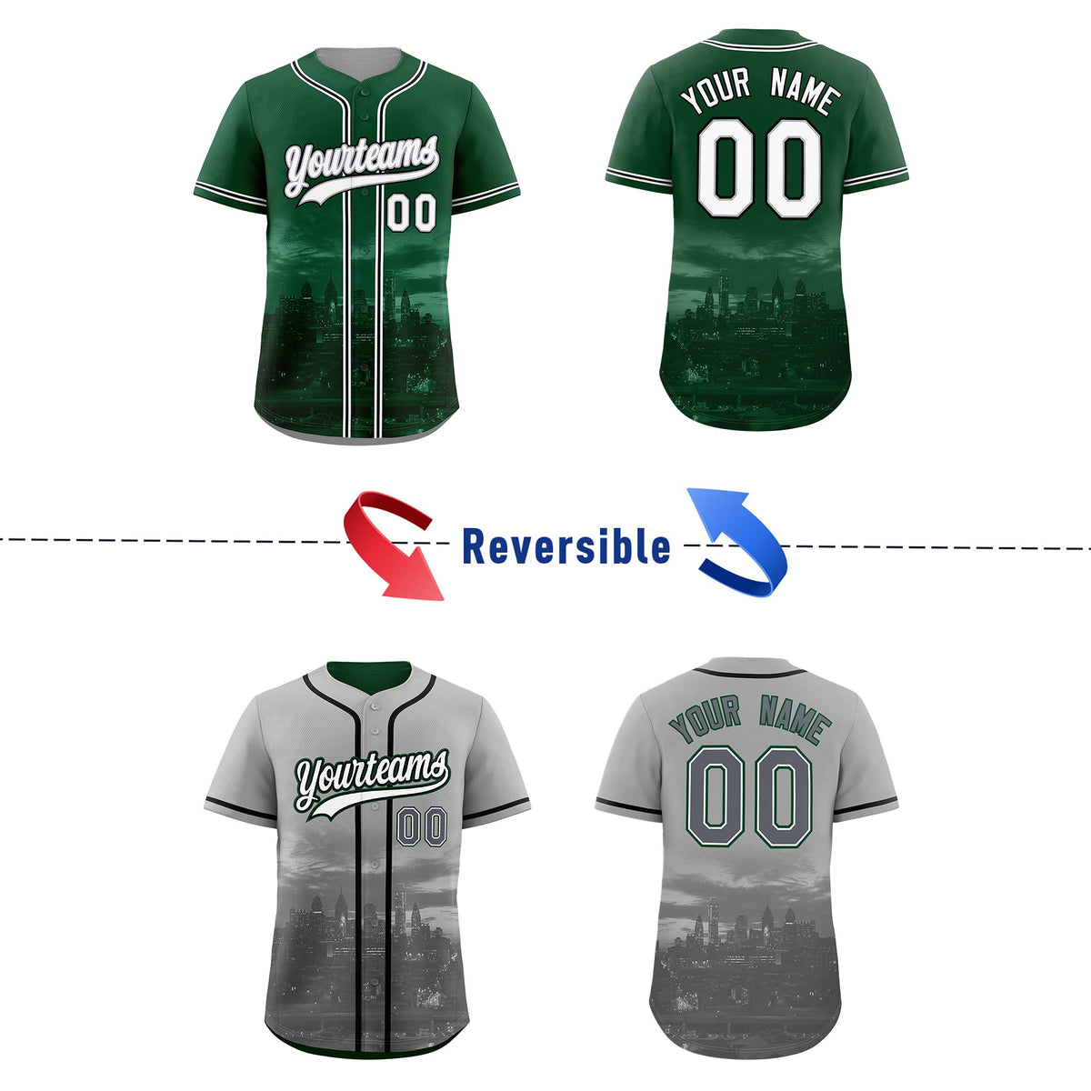 Custom Green Grey Reversible City Edition Graffiti Pattern Wrinkle-Resistant Baseball Jersey| KXKSHOP