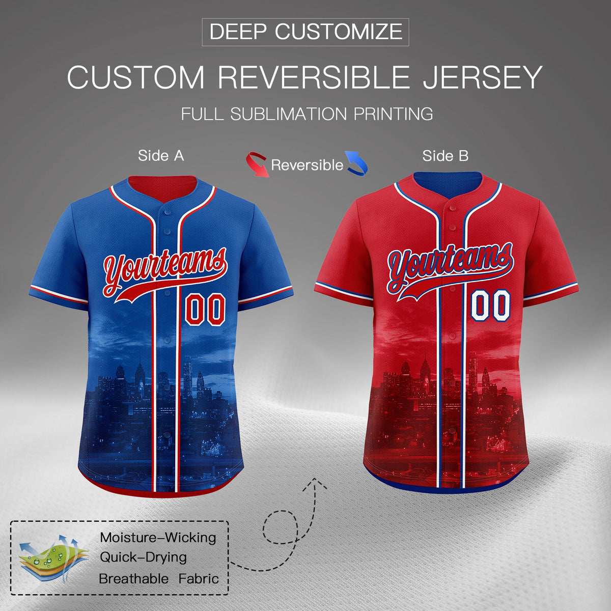 Custom Royal Blue Red Reversible City Edition Graffiti Pattern Breathable Baseball Jersey| KXKSHOP