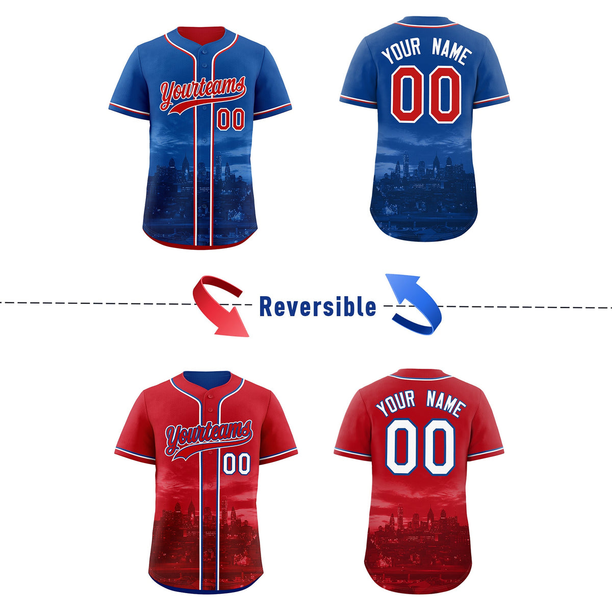 Custom Royal Blue Red Reversible City Edition Graffiti Pattern Breathable Baseball Jersey| KXKSHOP