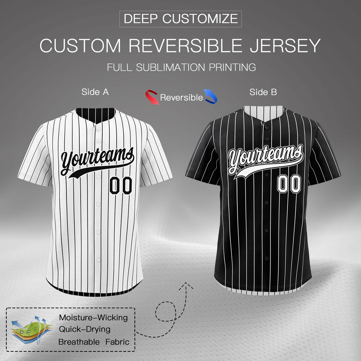 Custom Black White Reversible Stripe Fashion Baseball Jersey| KXKSHOP