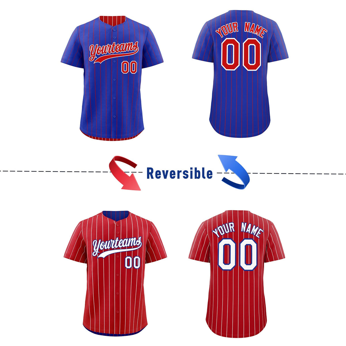 Custom Red White Royal Blue Reversible Stripe Fashion Baseball Jersey| KXKSHOP