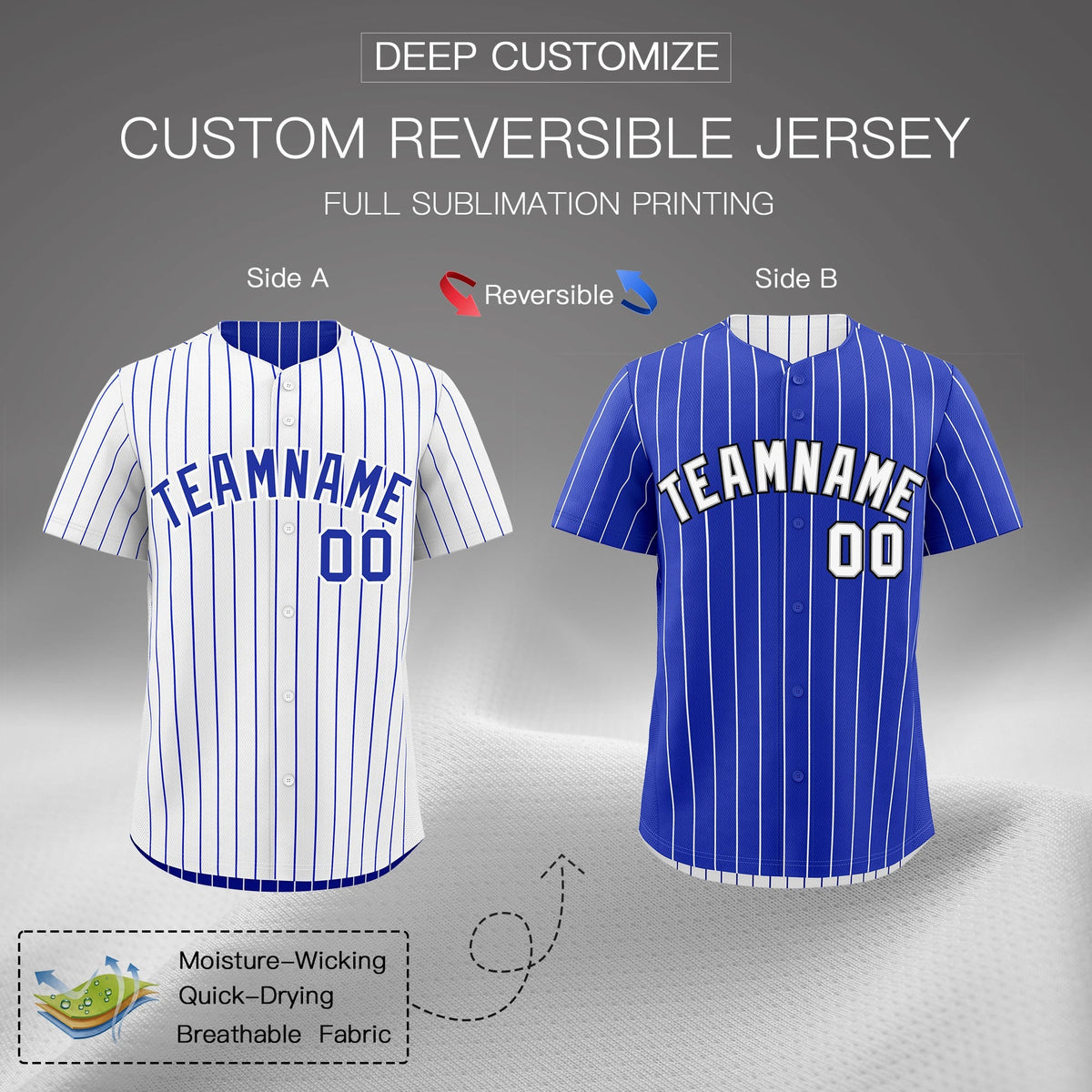 Custom Royal Blue White Black Reversible Stripe Fashion Baseball Jersey| KXKSHOP
