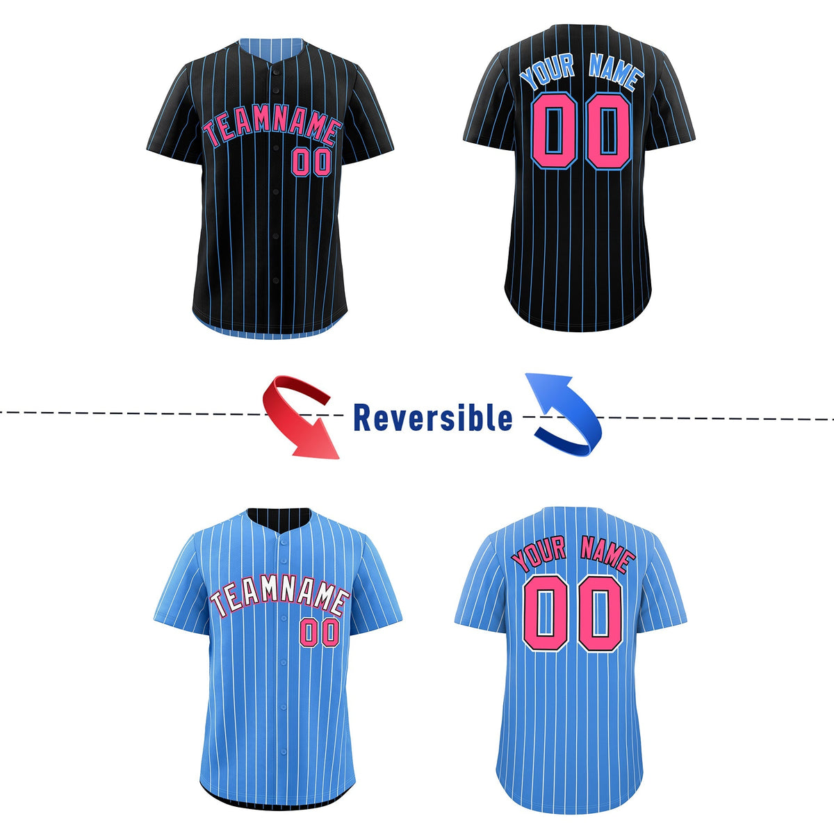 Custom Pink Black Powder Blue Reversible Stripe Fashion Baseball Jersey| KXKSHOP