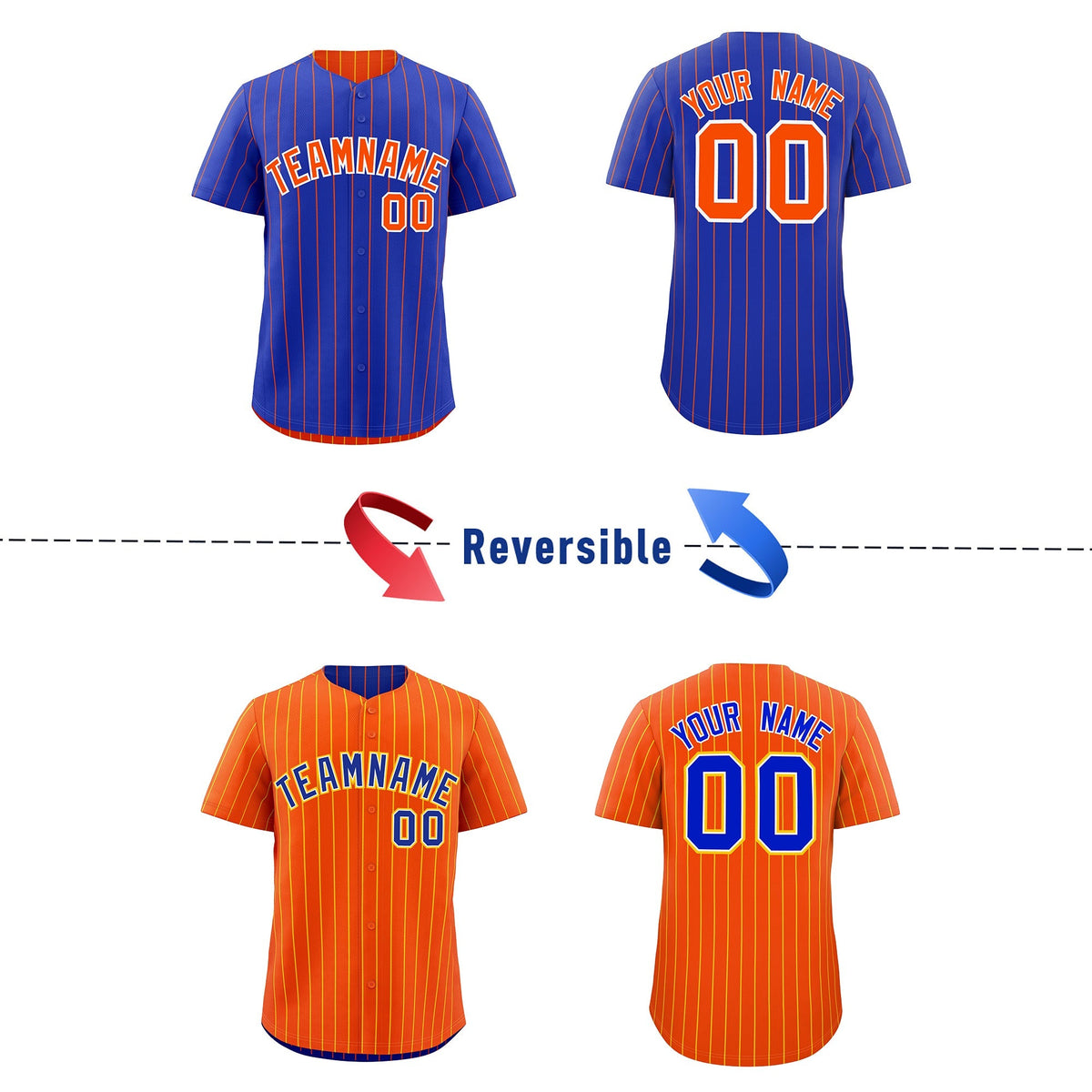 Custom Orange White Royal Blue Reversible Stripe Fashion Baseball Jersey| KXKSHOP