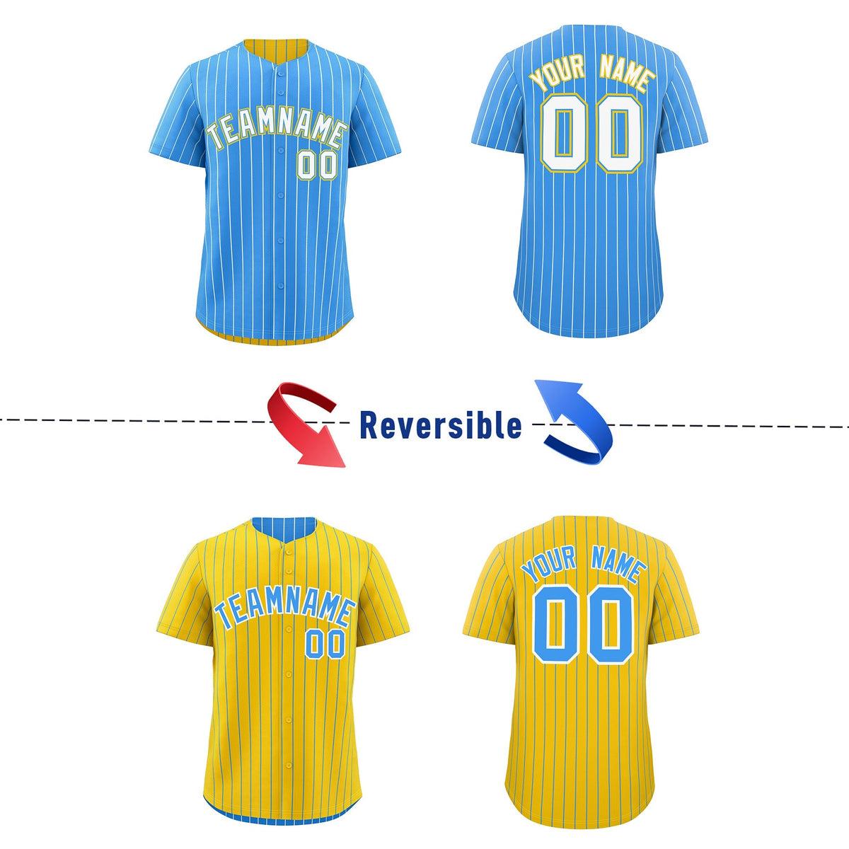 Custom White Powder Blue Gold Reversible Stripe Fashion Baseball Jersey| KXKSHOP