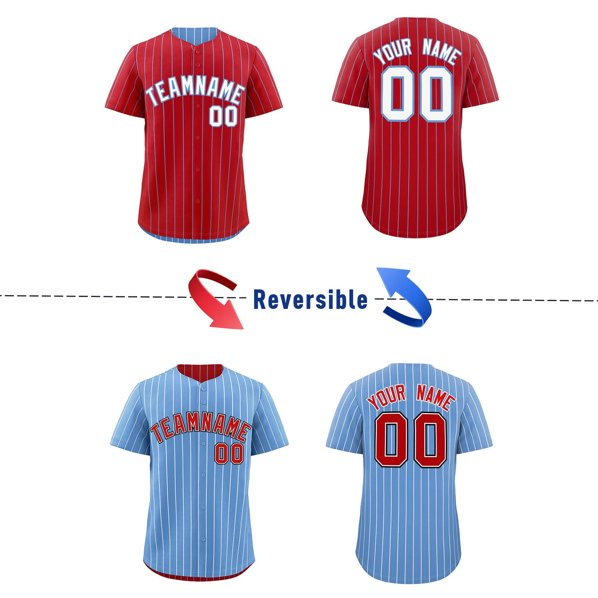 Custom White Light Blue Red Reversible Stripe Fashion Baseball Jersey| KXKSHOP