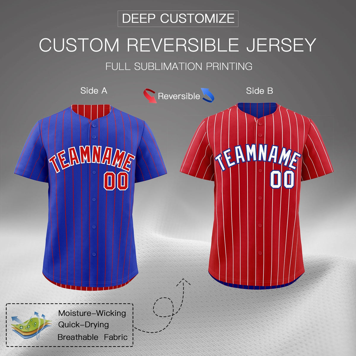 Custom Red White Royal Blue Reversible Stripe Fashion Baseball Jersey| KXKSHOP