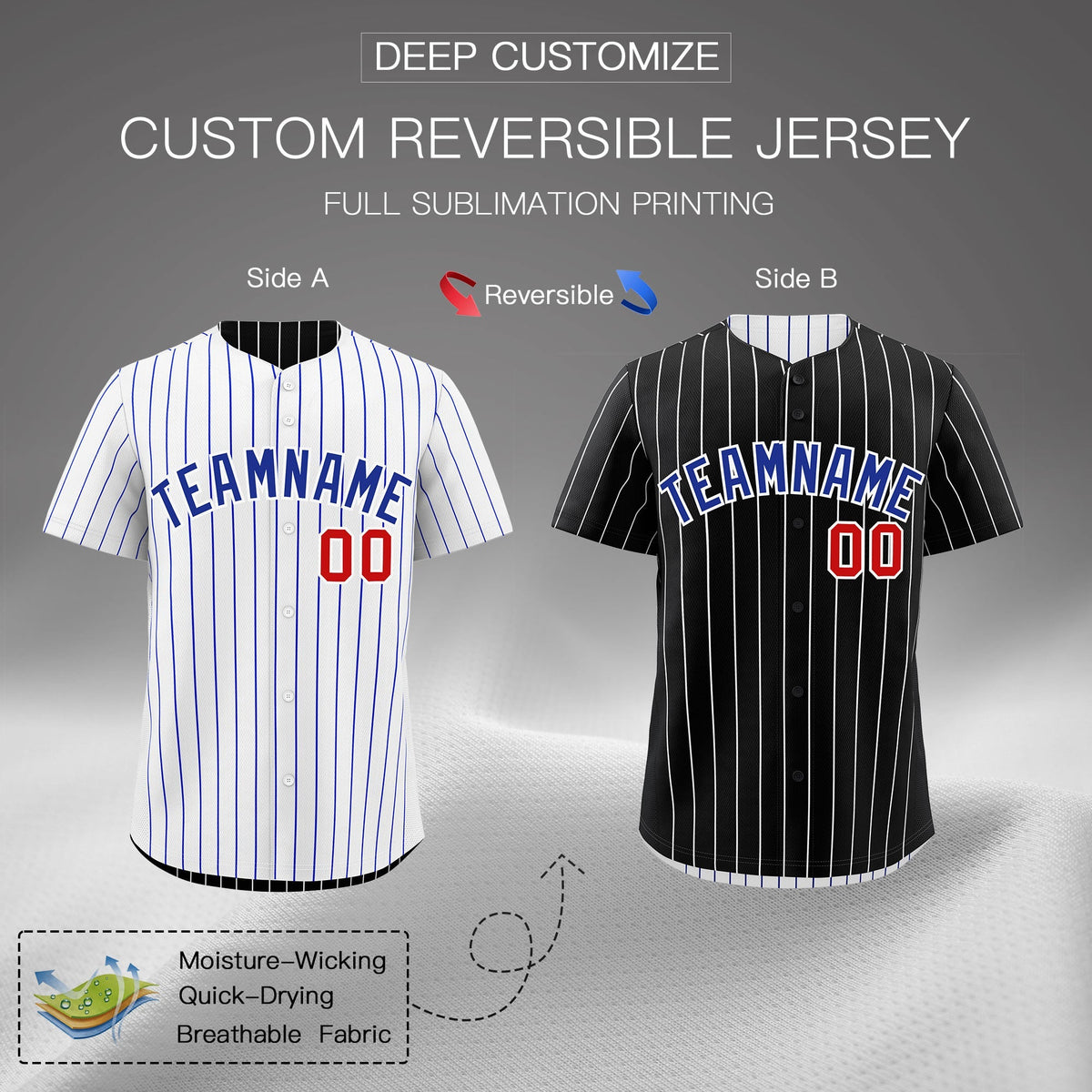 Custom Royal Blue White Reversible Stripe Fashion Baseball Jersey| KXKSHOP