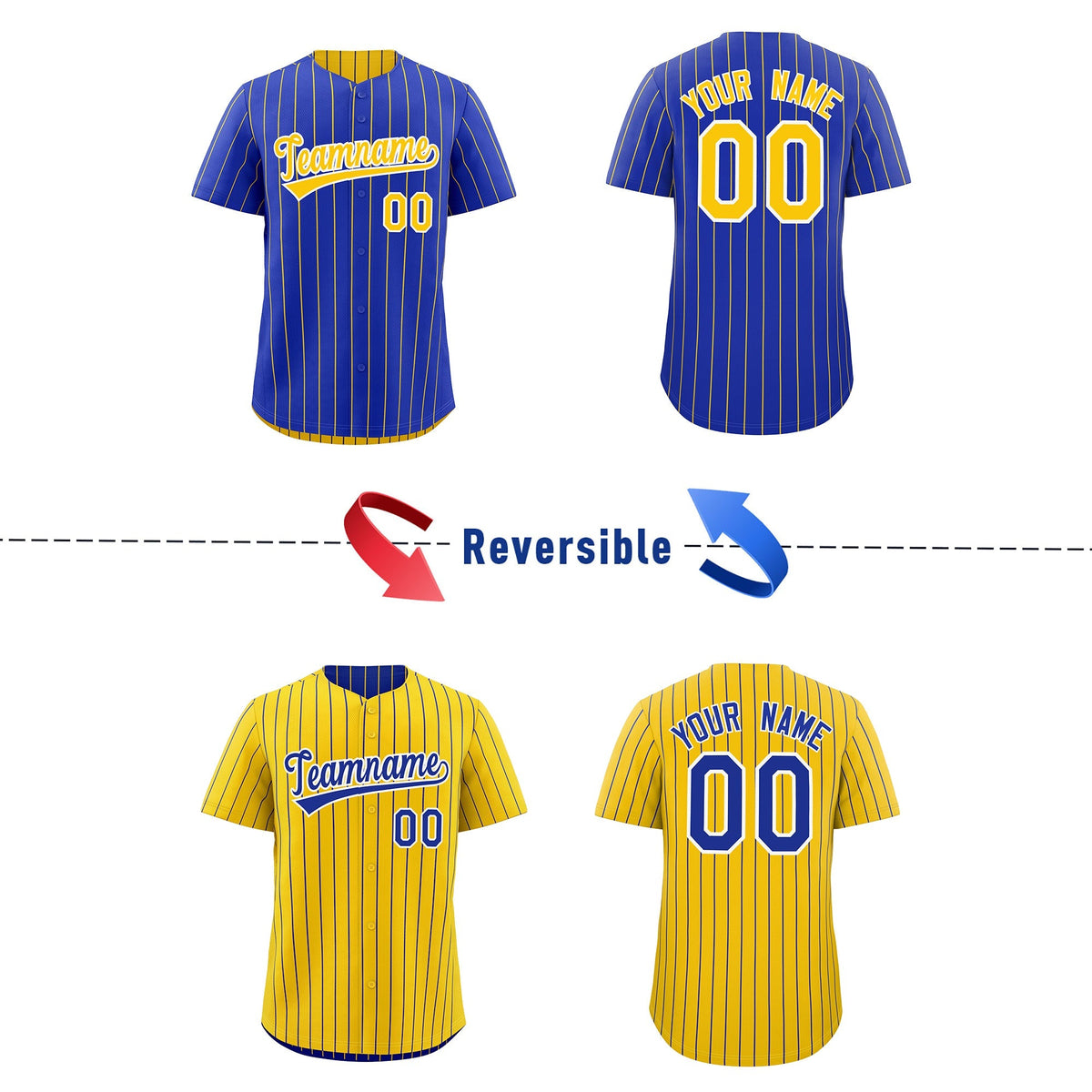 Custom Gold White Royal Blue Reversible Stripe Fashion Baseball Jersey| KXKSHOP