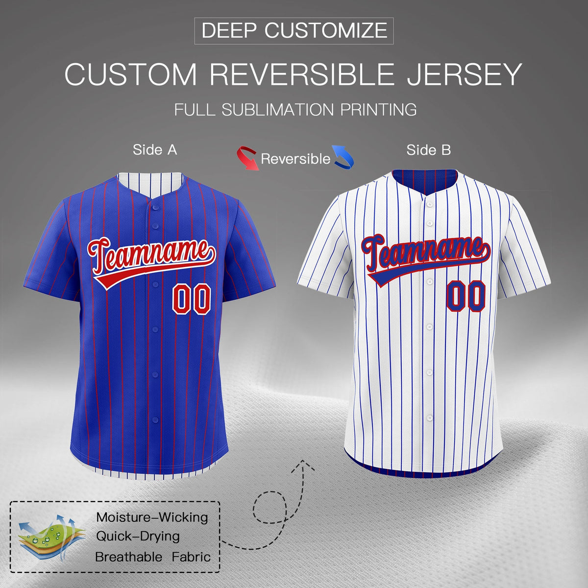 Custom Red White Royal Blue Reversible Stripe Fashion Baseball Jersey| KXKSHOP