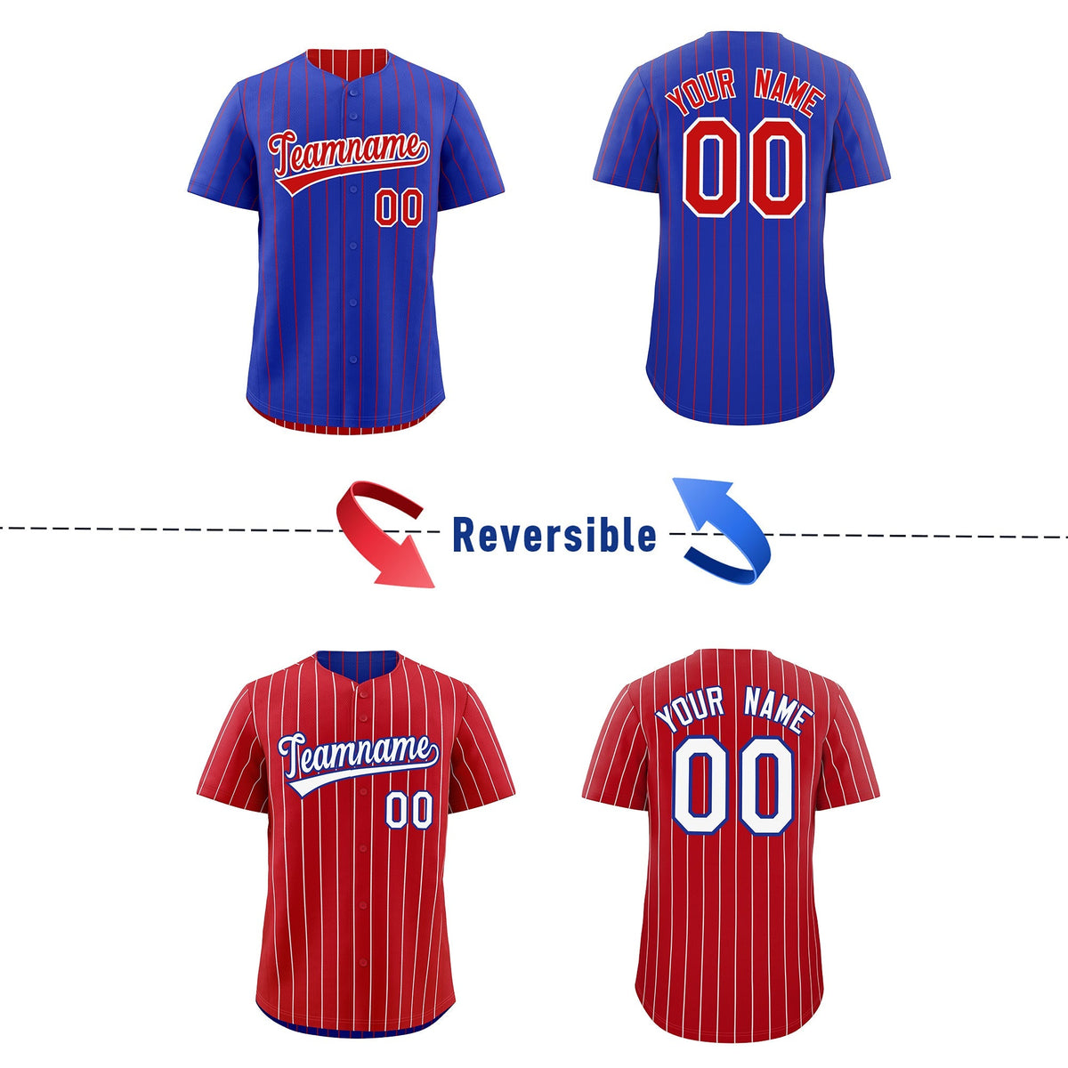 Custom Red White Royal Blue Reversible Stripe Fashion Baseball Jersey| KXKSHOP