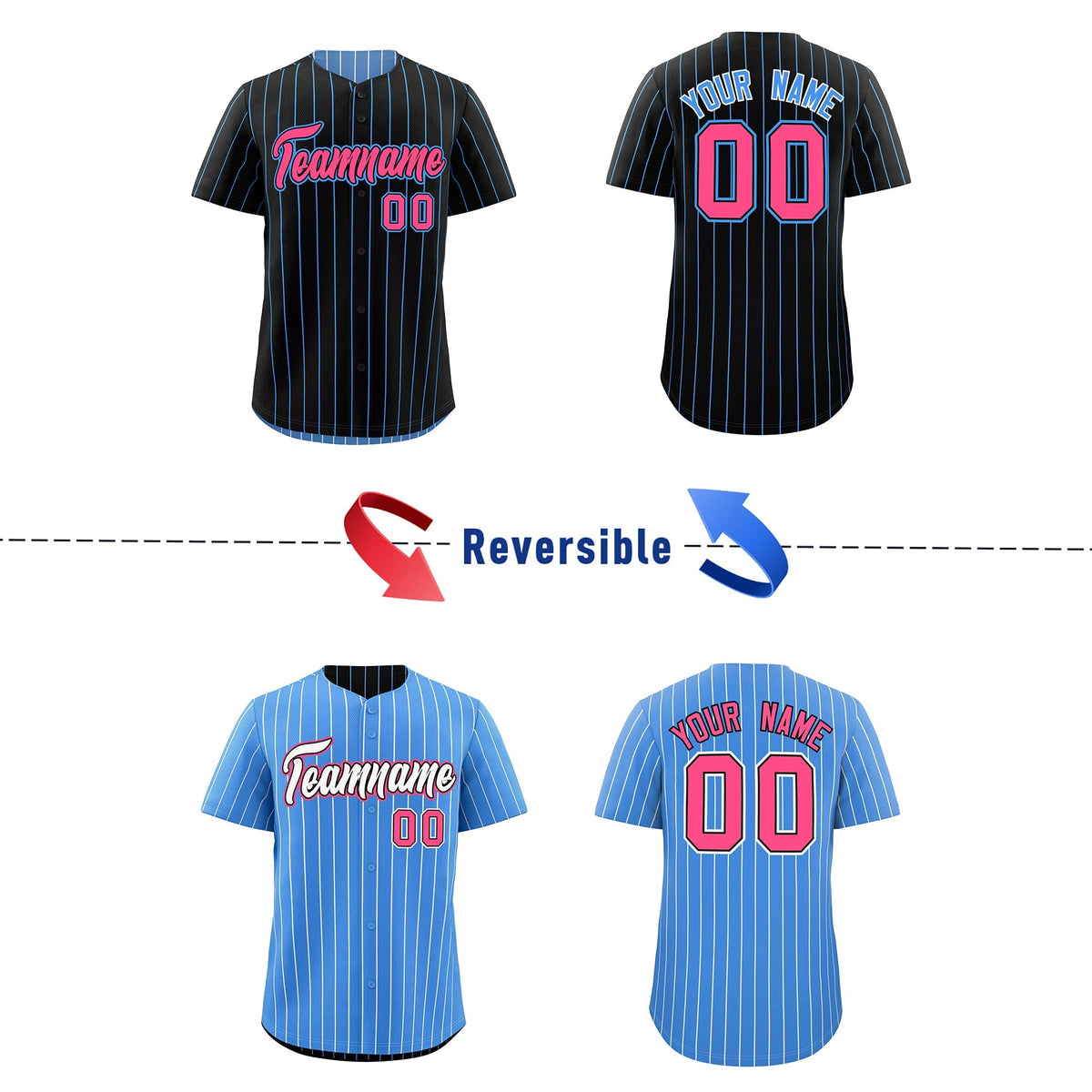 Custom Pink Black Powder Blue Reversible Stripe Fashion Baseball Jersey| KXKSHOP