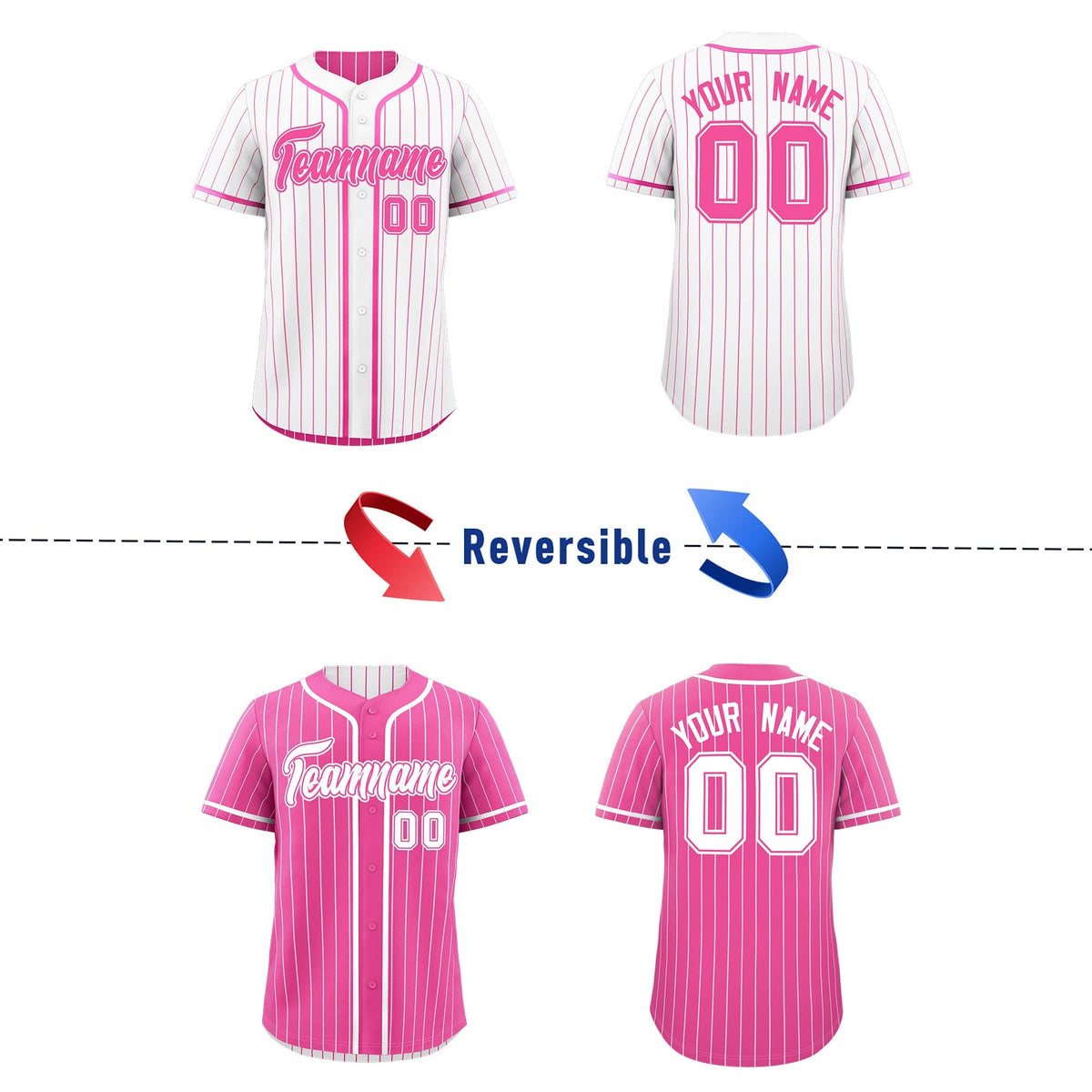 Custom Pink White Reversible Stripe Fashion Baseball Jersey| KXKSHOP