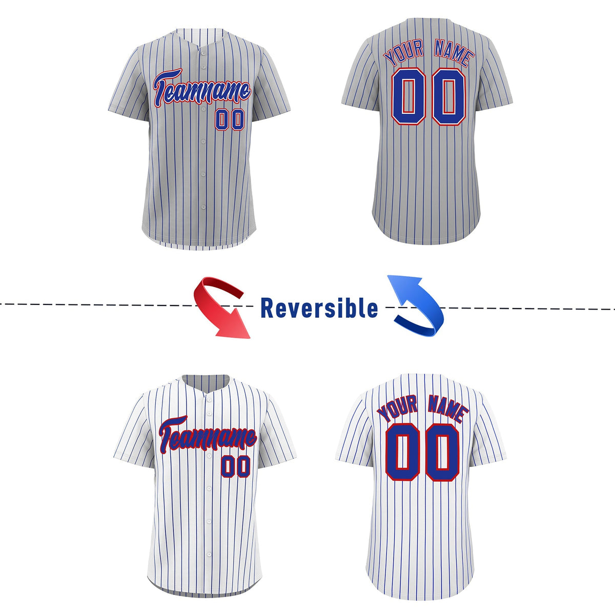 Custom Royal Blue White Red Reversible Stripe Fashion Baseball Jersey| KXKSHOP