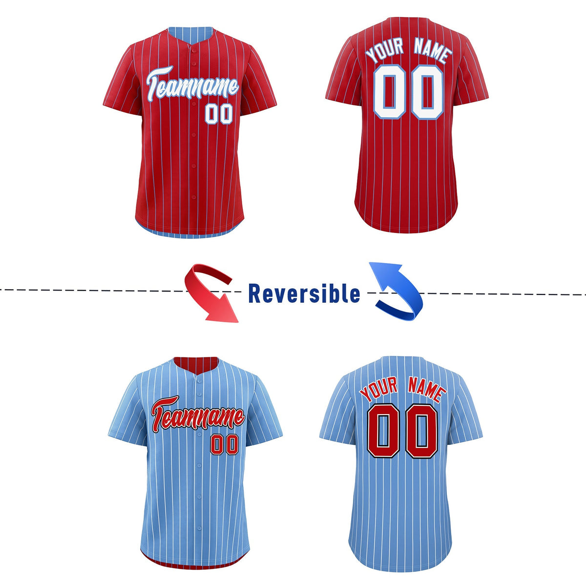 Custom White Light Blue Red Reversible Stripe Fashion Baseball Jersey| KXKSHOP