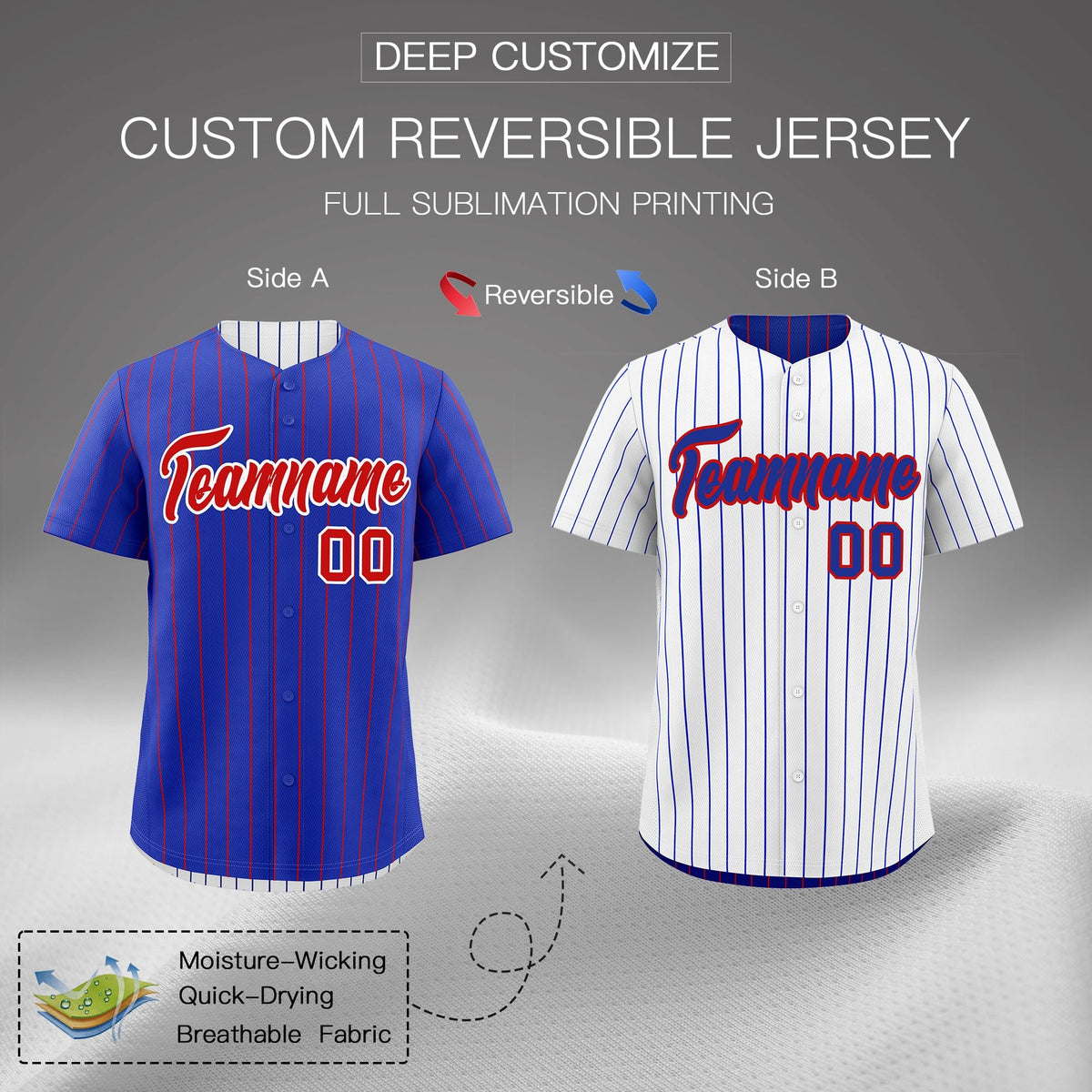 Custom Red White Royal Blue Reversible Stripe Fashion Baseball Jersey| KXKSHOP