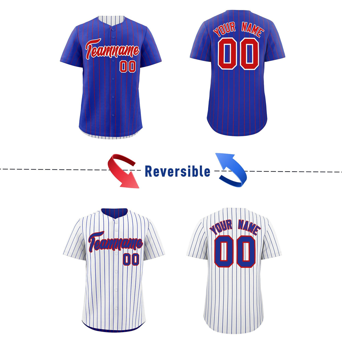 Custom Red White Royal Blue Reversible Stripe Fashion Baseball Jersey| KXKSHOP