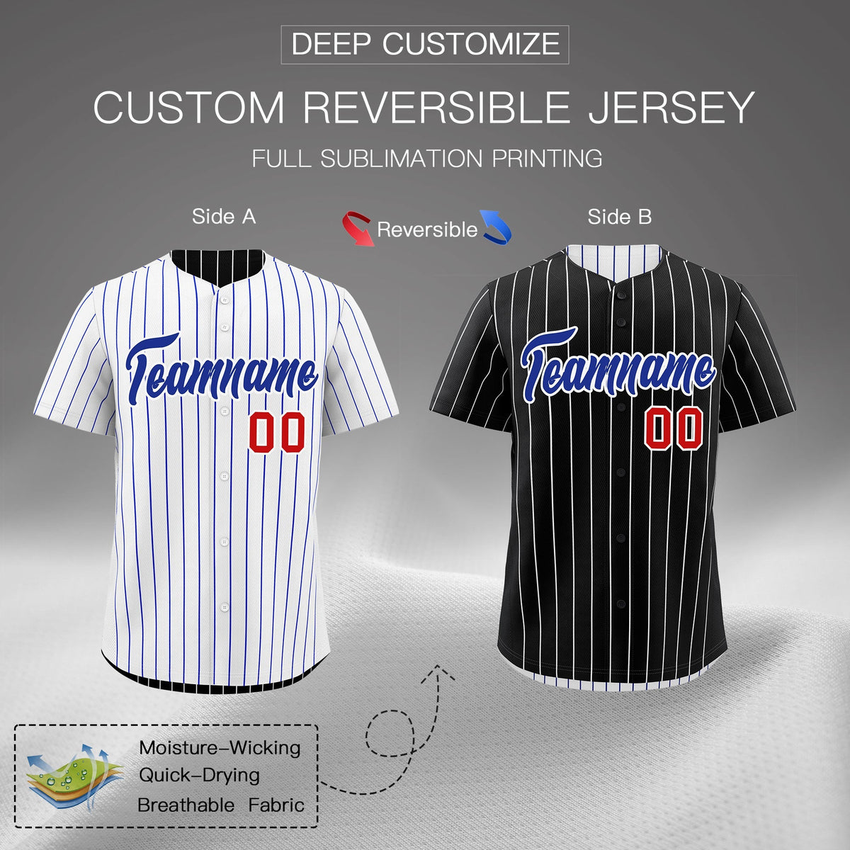 Custom Royal Blue White Reversible Stripe Fashion Baseball Jersey| KXKSHOP