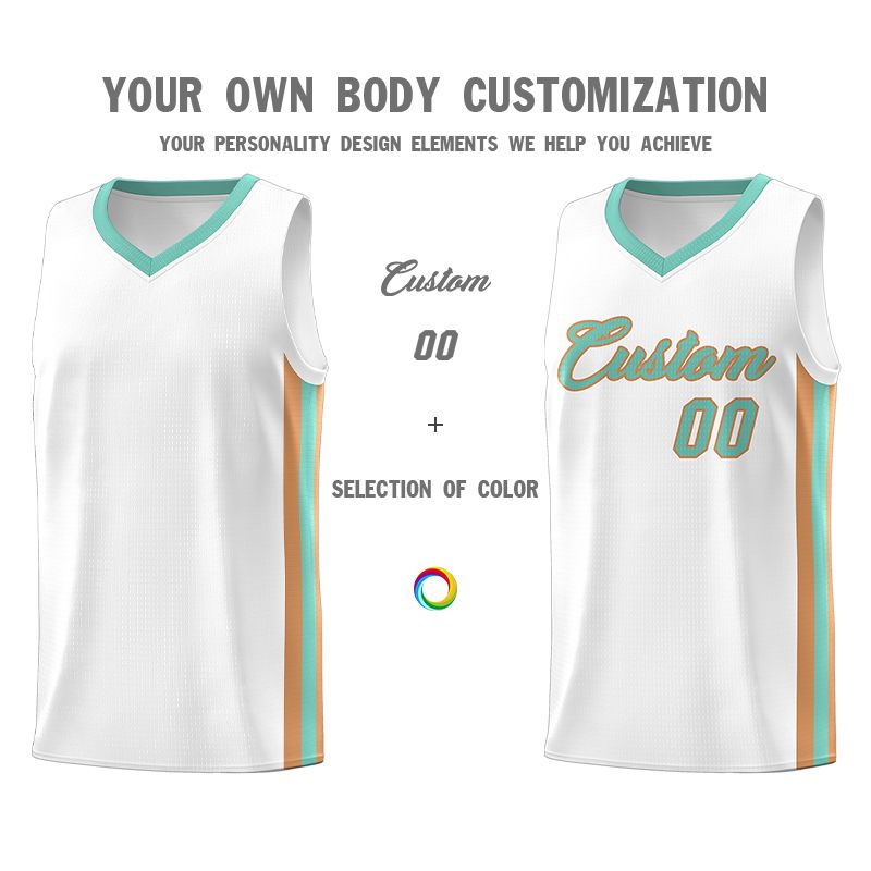 Custom White Aqua-Old Gold Classic Sets Sports Uniform Basketball Jersey